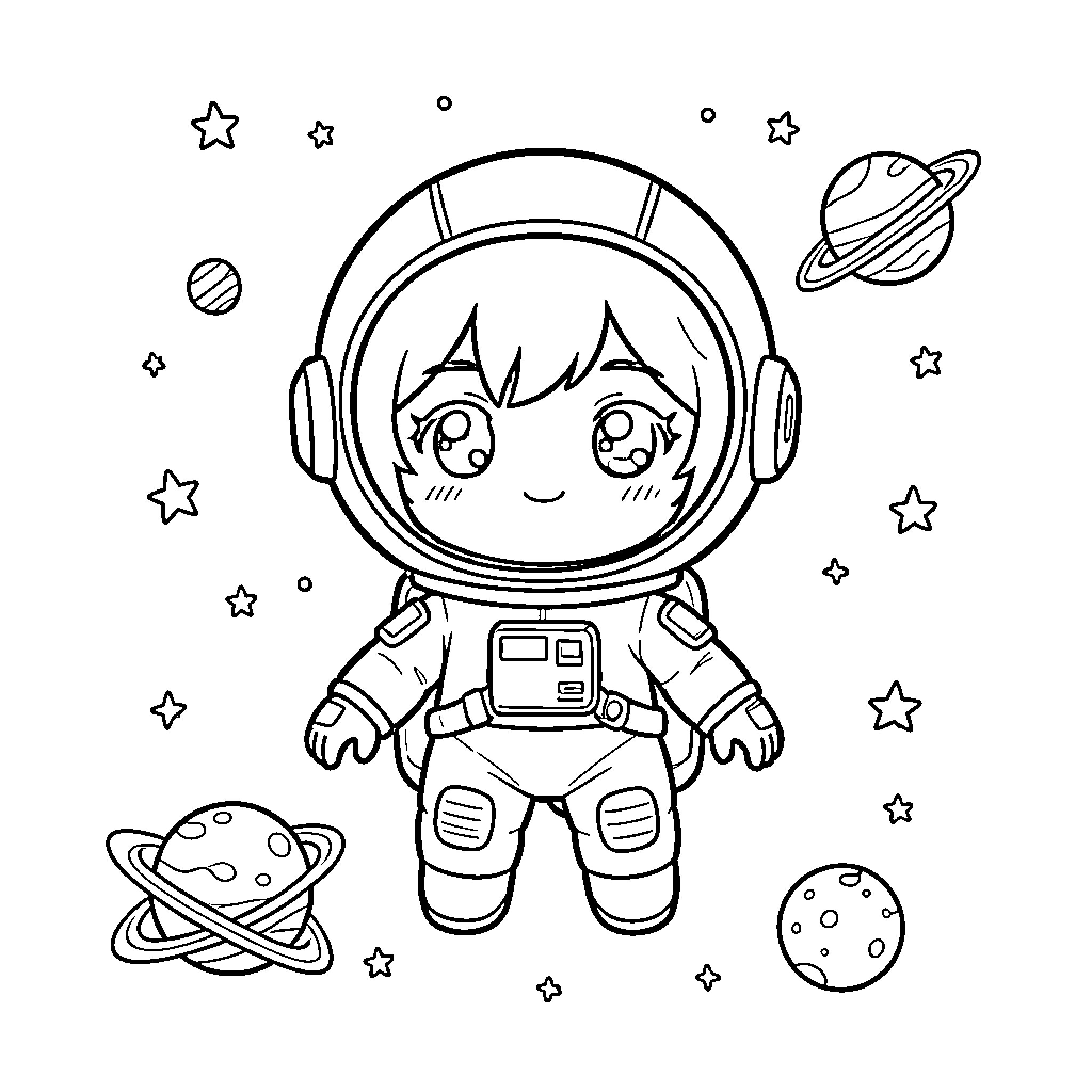 Astronaut floating happily among stars and planets Coloring Page (free black-and-white line drawing printable PDF for all, from beginners to advanced learners, including children, teens, adults, and seniors)