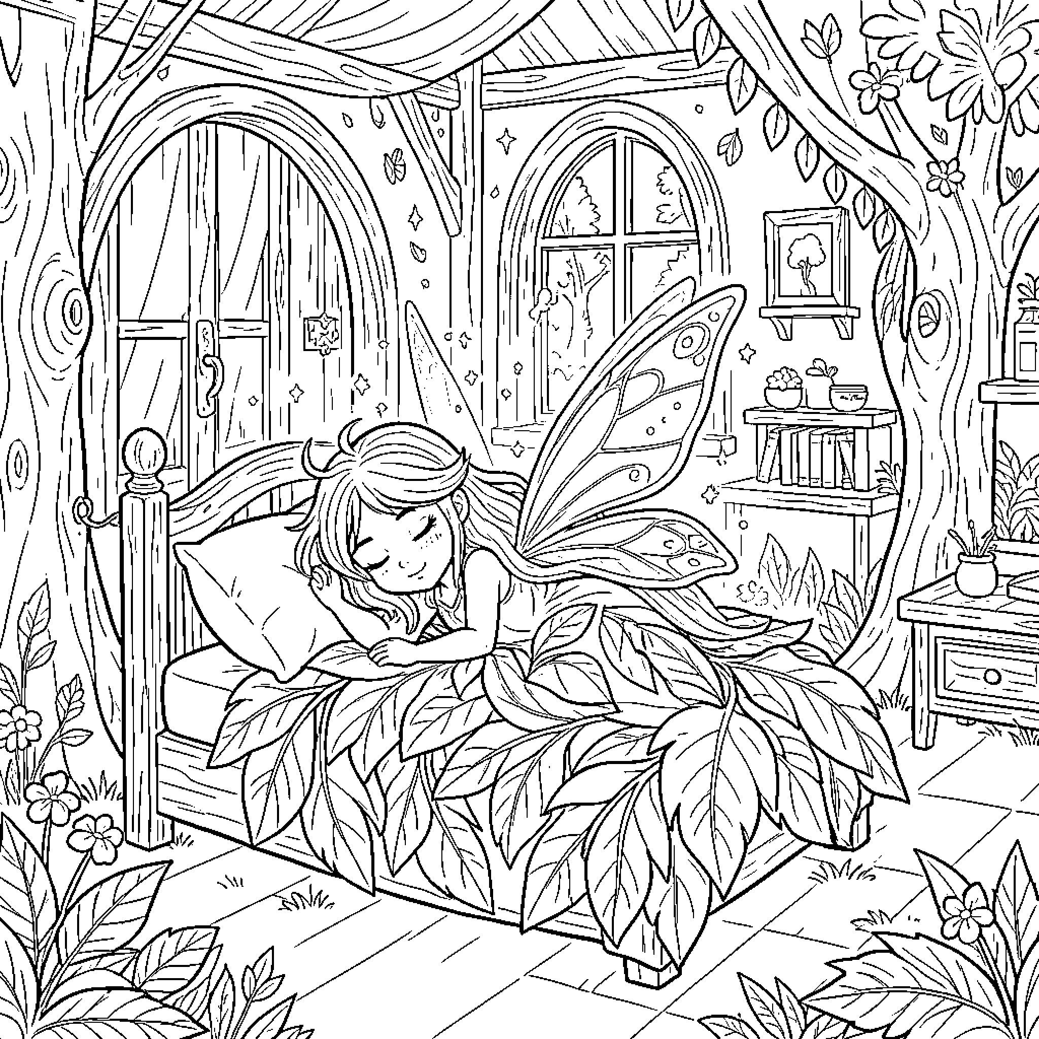 Hada resting peacefully in a cozy forest retreat Coloring Page (free black-and-white line drawing printable PDF for all, from beginners to advanced learners, including children, teens, adults, and seniors)