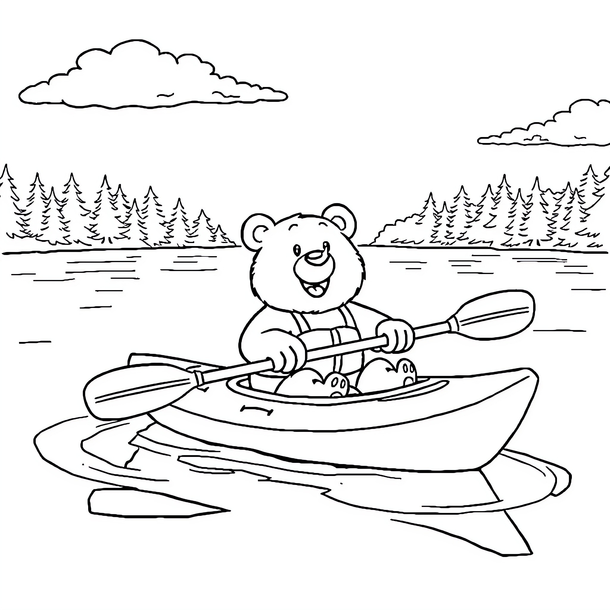 Smokey Bear Kayaking on a Lake Coloring Page (free black-and-white line drawing printable PDF for all, from beginners to advanced learners, including children, teens, adults, and seniors)