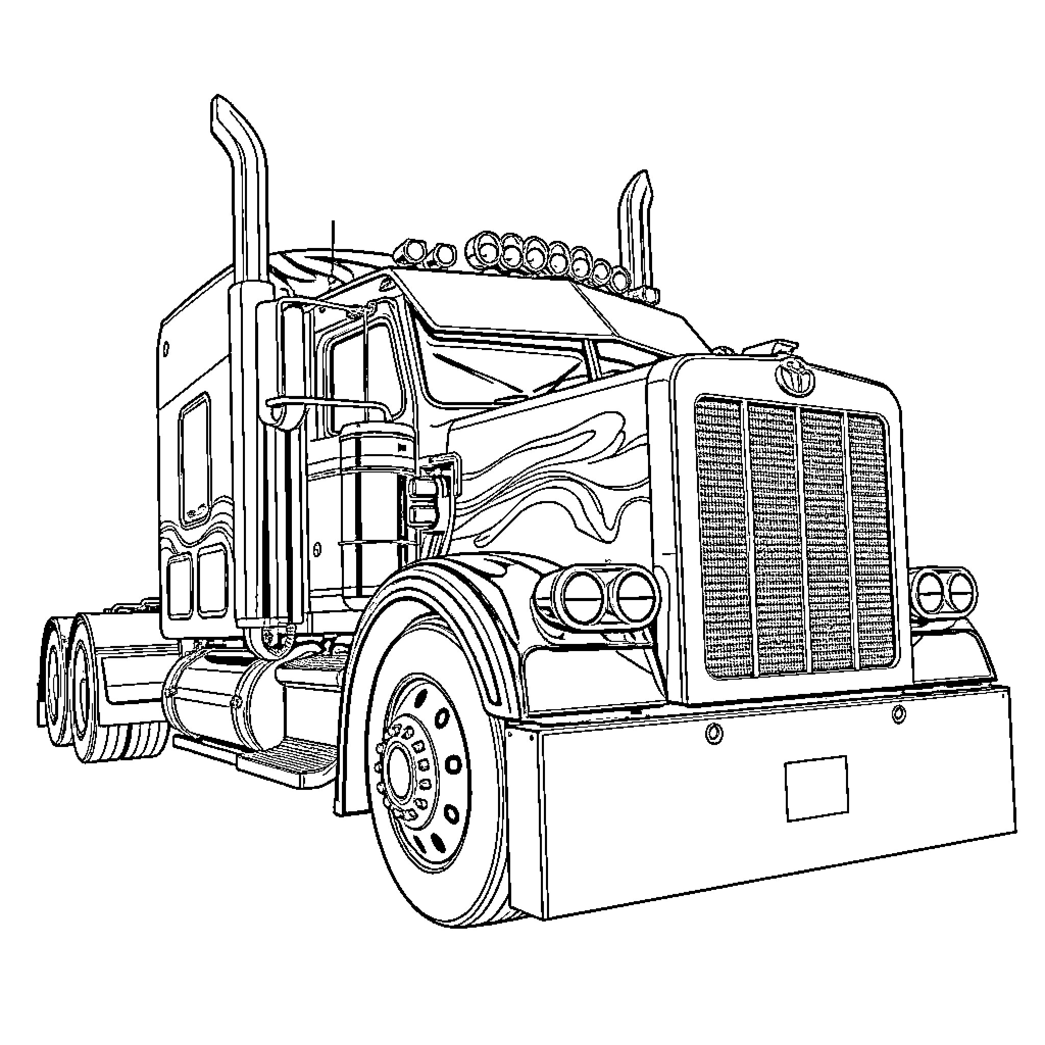 Peterbilt Truck in Detailed Outline Drawing Coloring Page (free black-and-white line drawing printable PDF for all, from beginners to advanced learners, including children, teens, adults, and seniors)