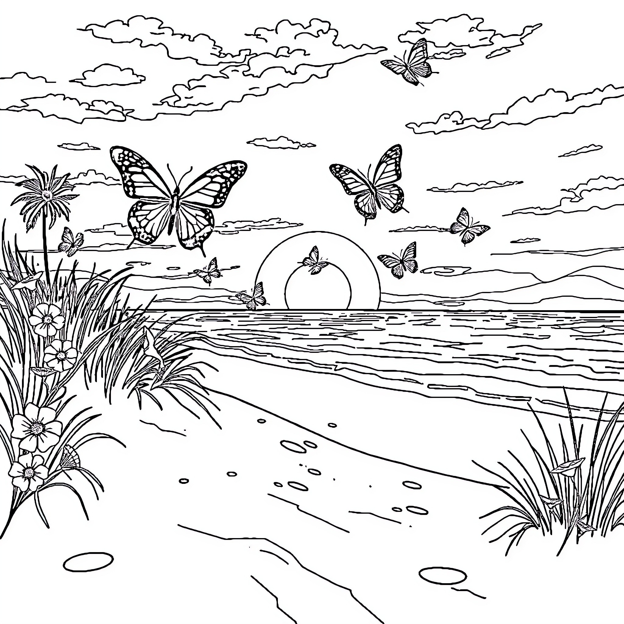 Butterfly Serenity in Nature's Embrace Coloring Page (free black-and-white line drawing printable PDF for all, from beginners to advanced learners, including children, teens, adults, and seniors)