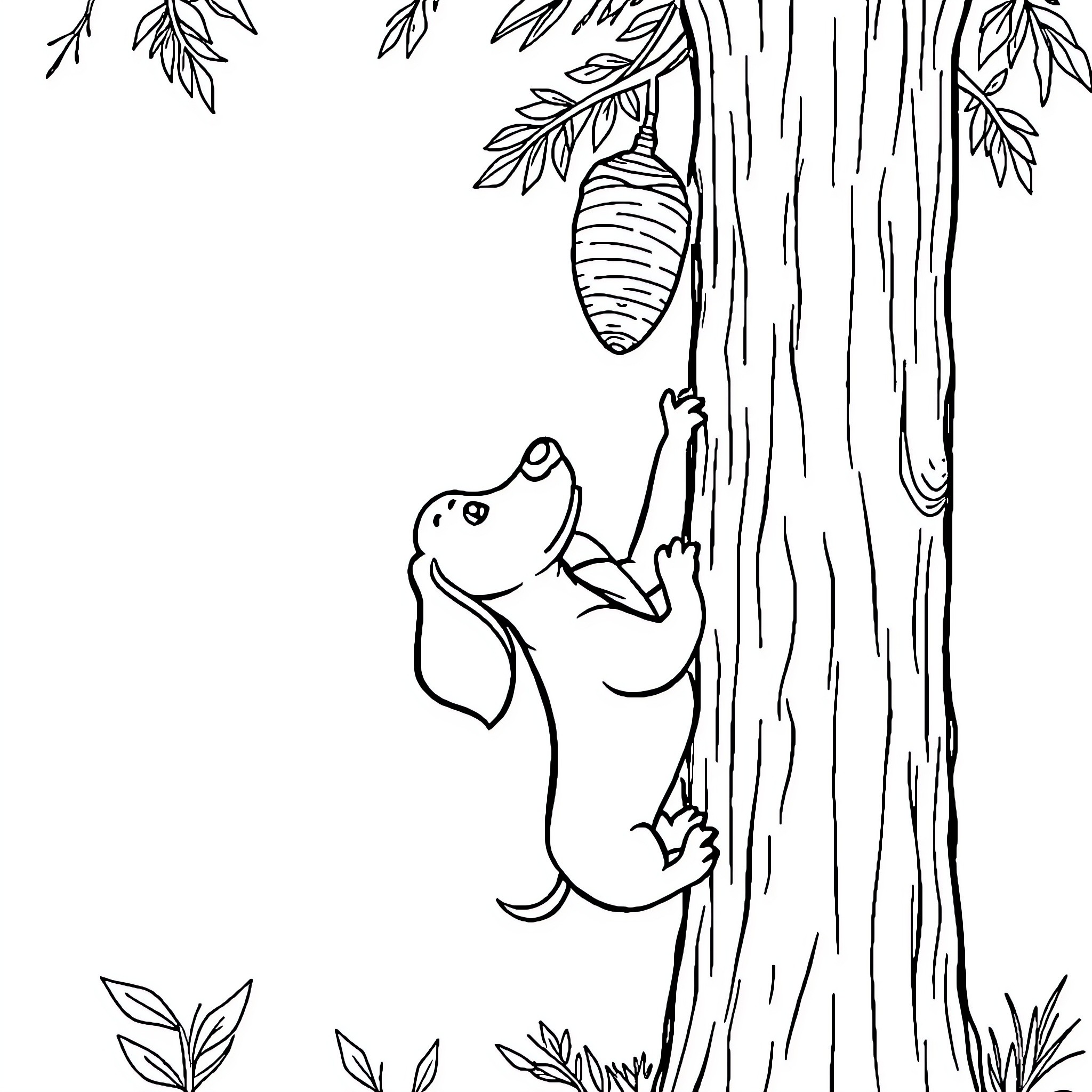 Dachshund climbing up a tree with a beehive Coloring Page (free black-and-white line drawing printable PDF for all, from beginners to advanced learners, including children, teens, adults, and seniors)