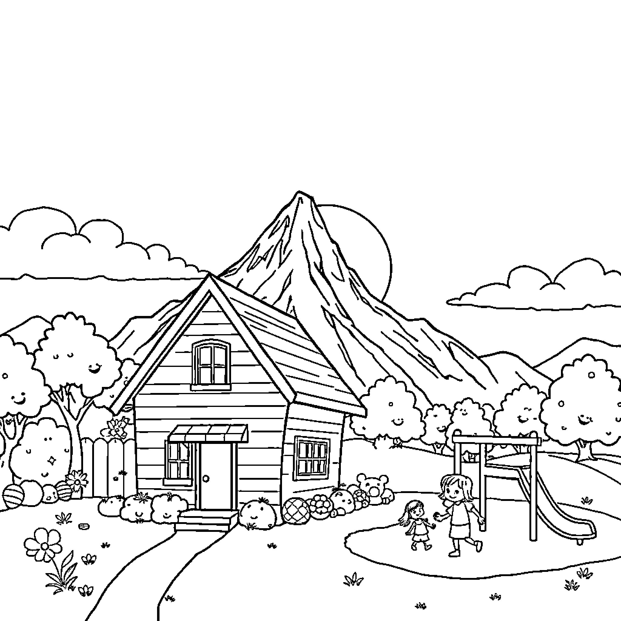 House with children playing in the yard Coloring Page (free black-and-white line drawing printable PDF for all, from beginners to advanced learners, including children, teens, adults, and seniors)