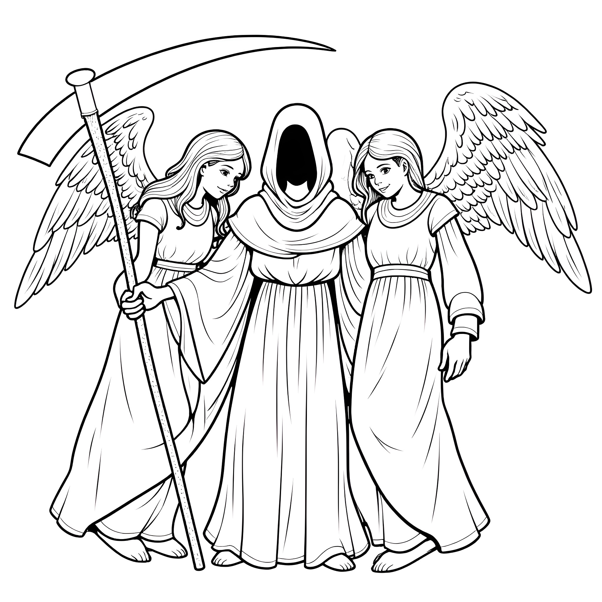 Grim Reaper flanked by ethereal figures Coloring Page (free black-and-white line drawing printable PDF for all, from beginners to advanced learners, including children, teens, adults, and seniors)