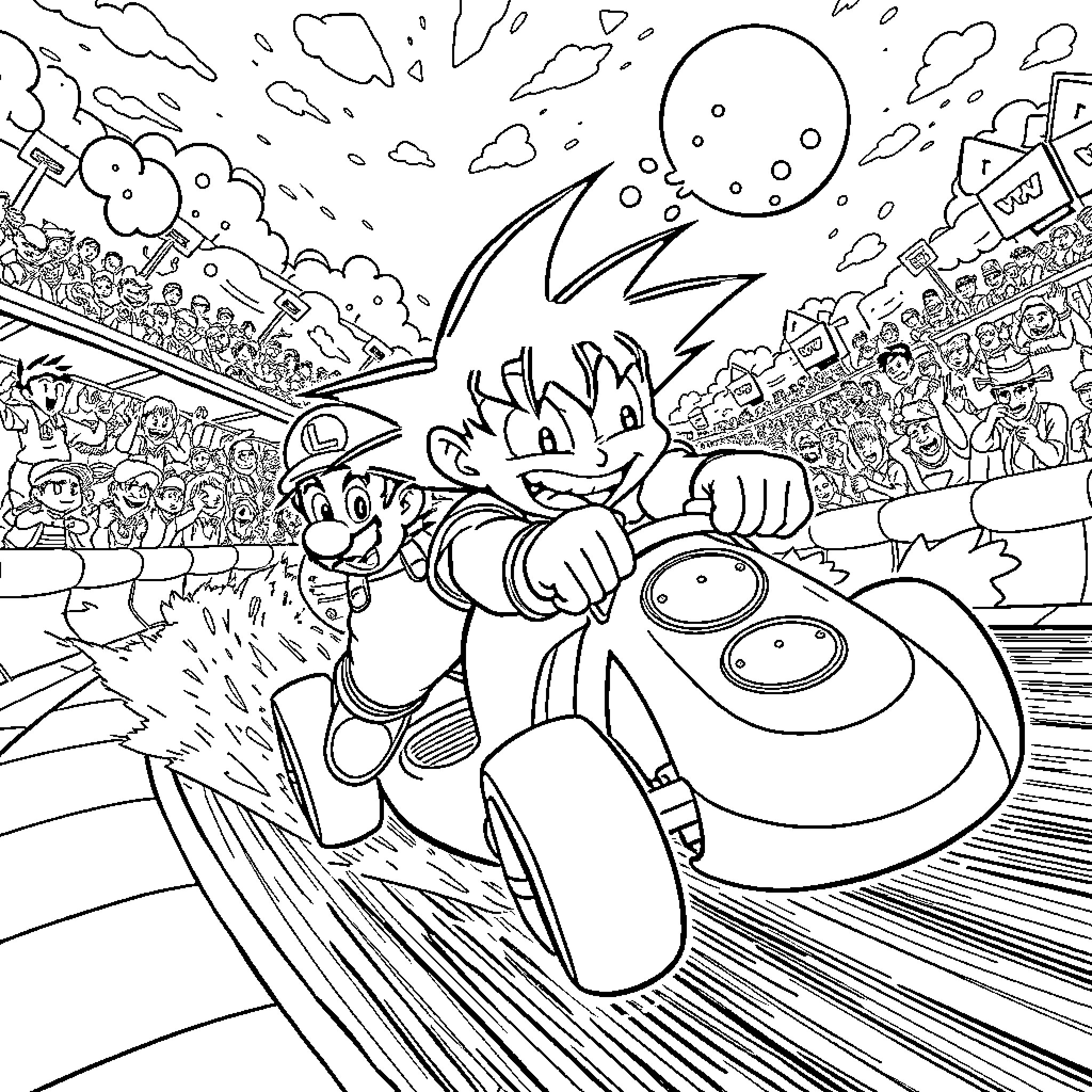 Goku racing across the stadium with excitement Coloring Page (free black-and-white line drawing printable PDF for all, from beginners to advanced learners, including children, teens, adults, and seniors)