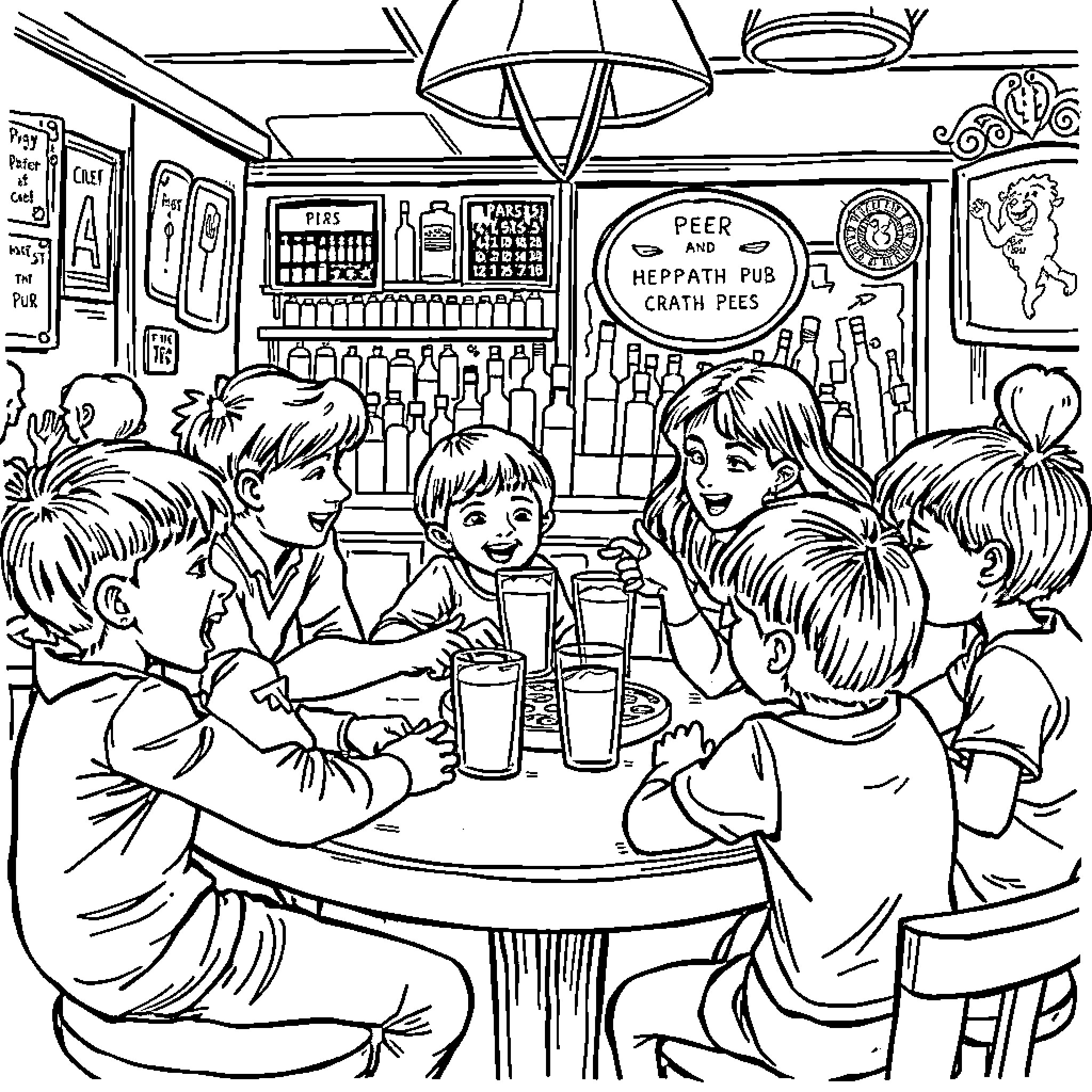 Kids enjoying drinks at the retro diner Coloring Page (free black-and-white line drawing printable PDF for all, from beginners to advanced learners, including children, teens, adults, and seniors)
