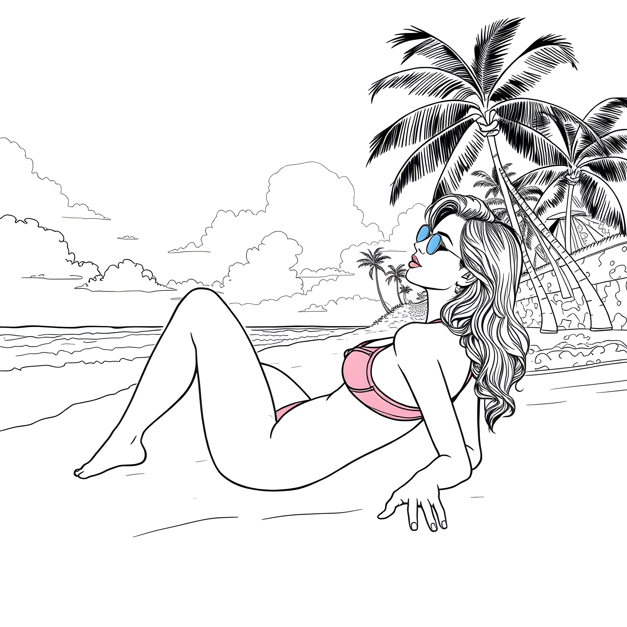 Ana de Armas enjoying a peaceful day at the beach Coloring Page (free black-and-white line drawing printable PDF for all, from beginners to advanced learners, including children, teens, adults, and seniors)