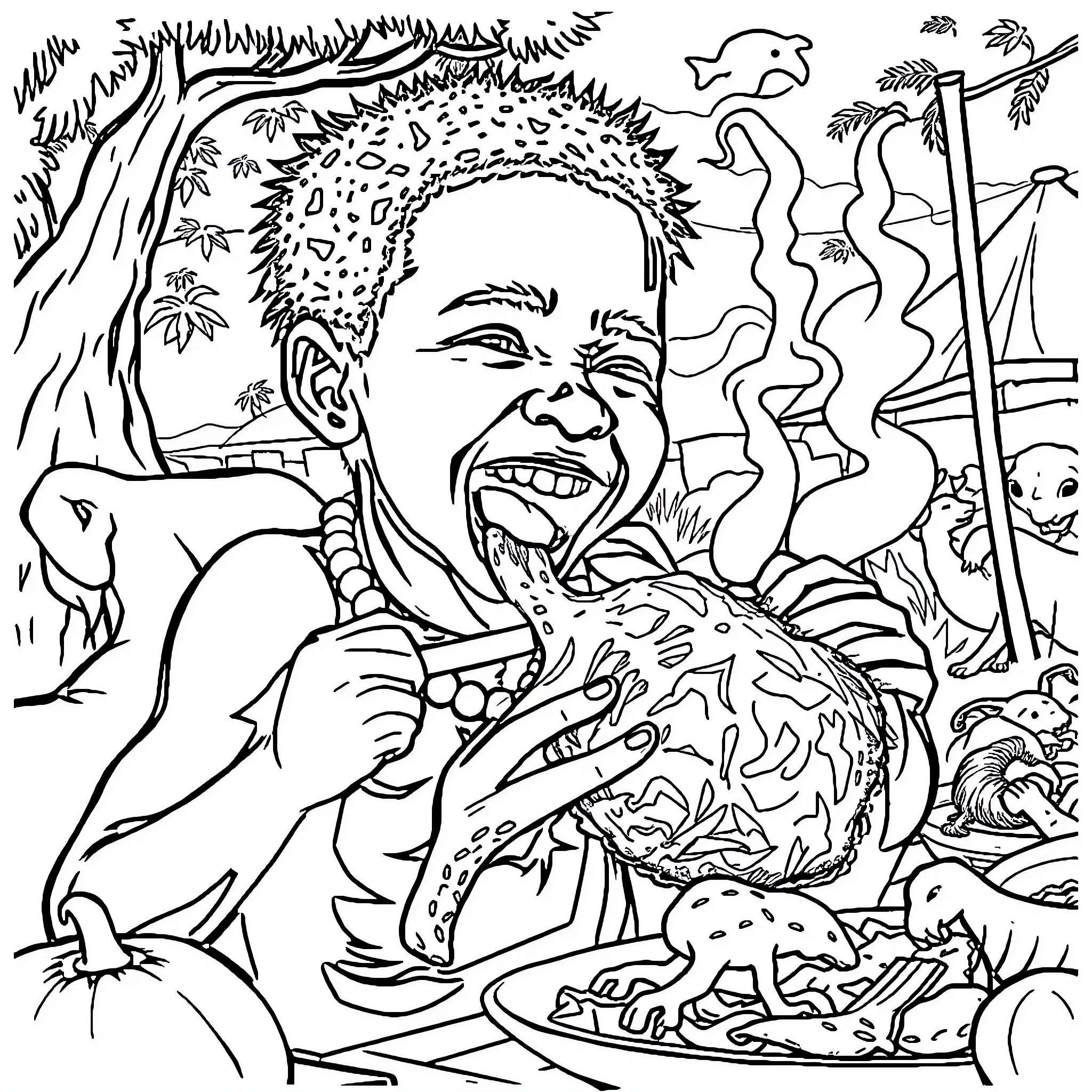 Boy Enjoying Jungle Feast with Wild Animals Coloring Page (free black-and-white line drawing printable PDF for all, from beginners to advanced learners, including children, teens, adults, and seniors)