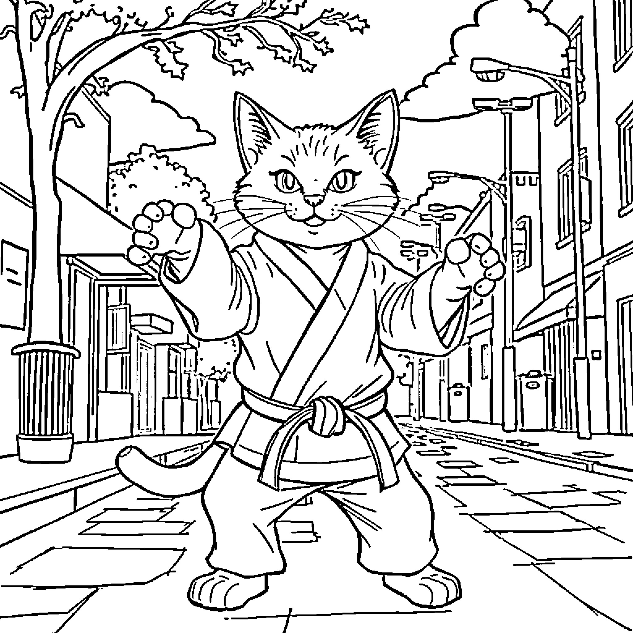 Cat Ninja Warrior on the Street Coloring Page (free black-and-white line drawing printable PDF for all, from beginners to advanced learners, including children, teens, adults, and seniors)