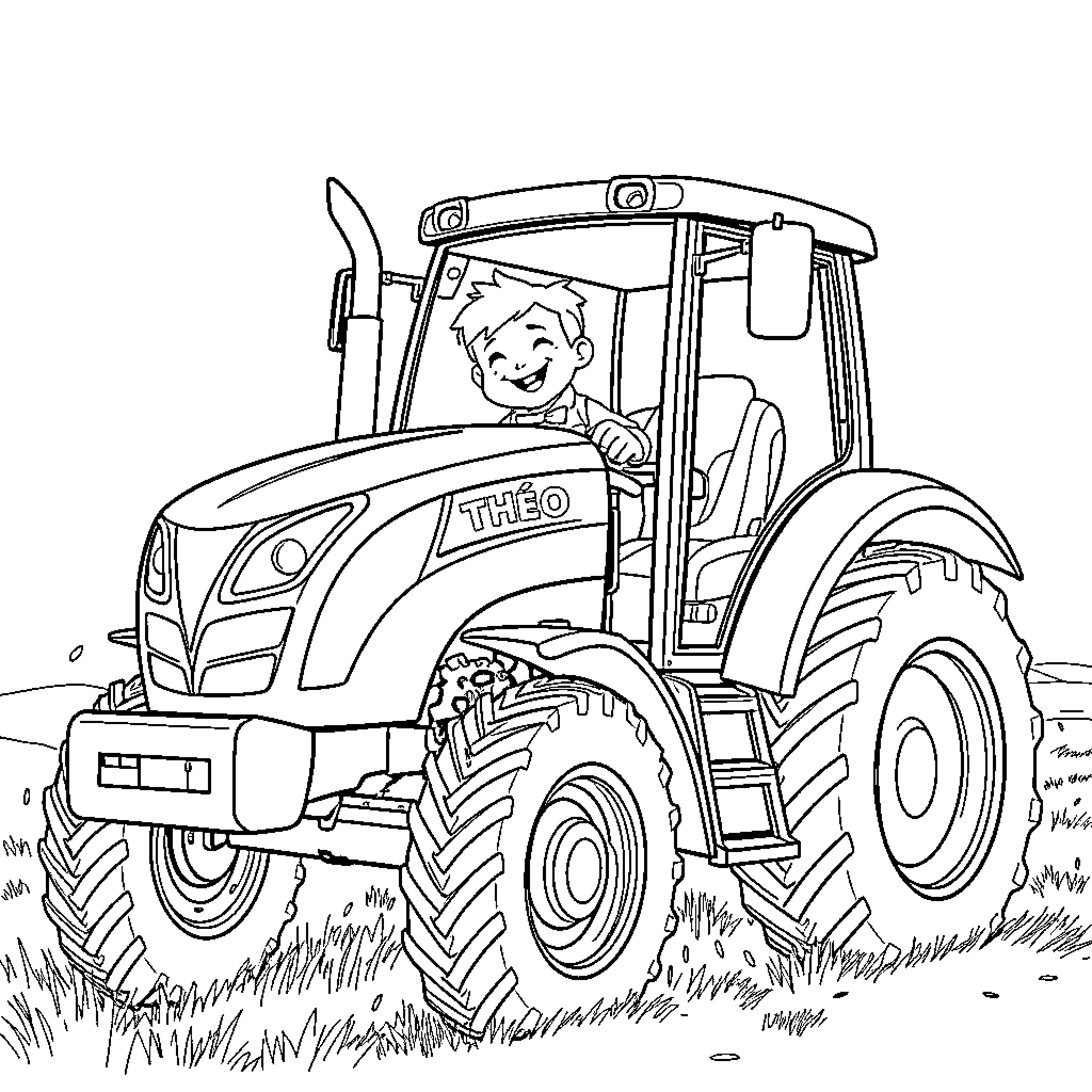 Tractor plowing through grassy field Coloring Page (free black-and-white line drawing printable PDF for all, from beginners to advanced learners, including children, teens, adults, and seniors)