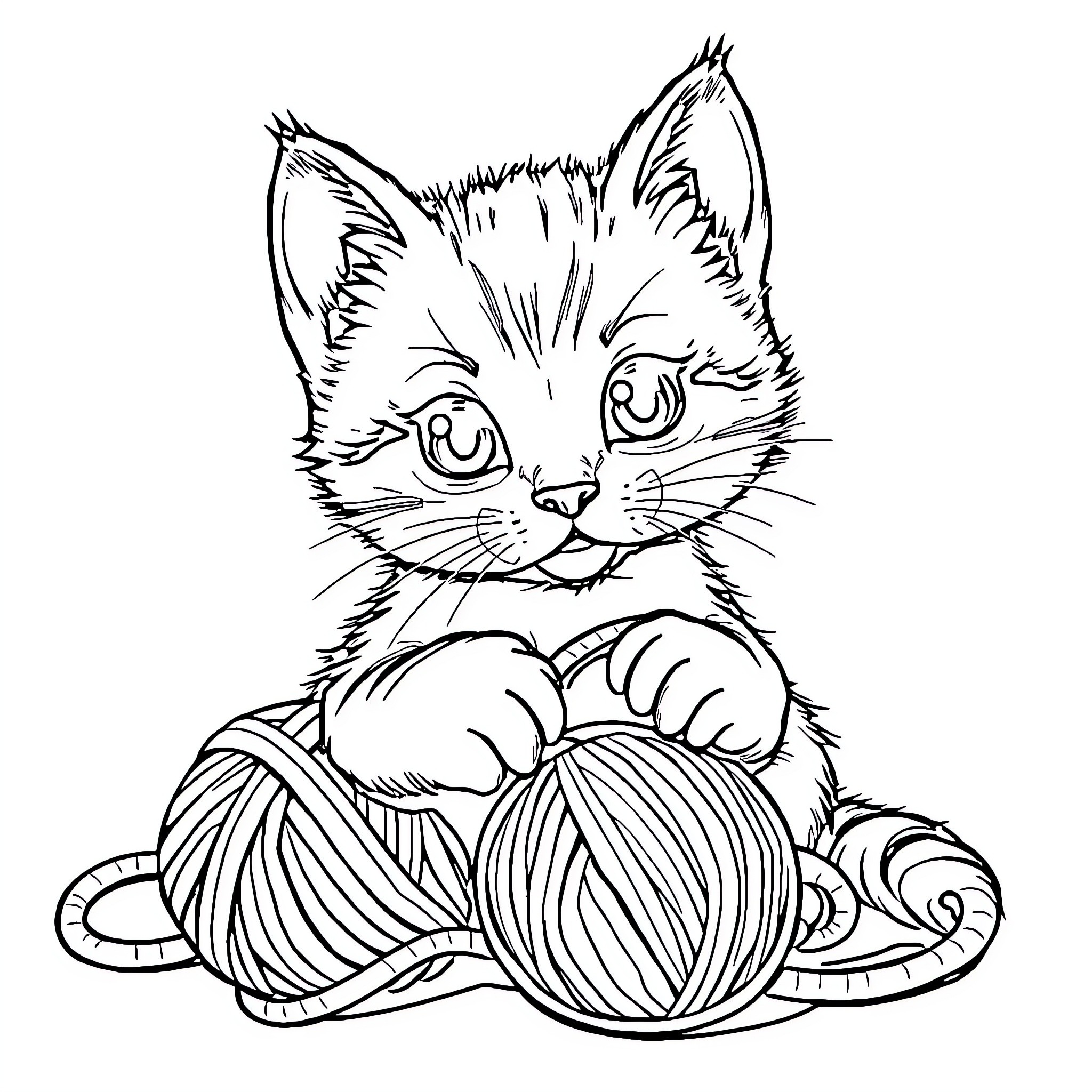 Kitty Playing with Yarn and Spool Coloring Page (free black-and-white line drawing printable PDF for all, from beginners to advanced learners, including children, teens, adults, and seniors)