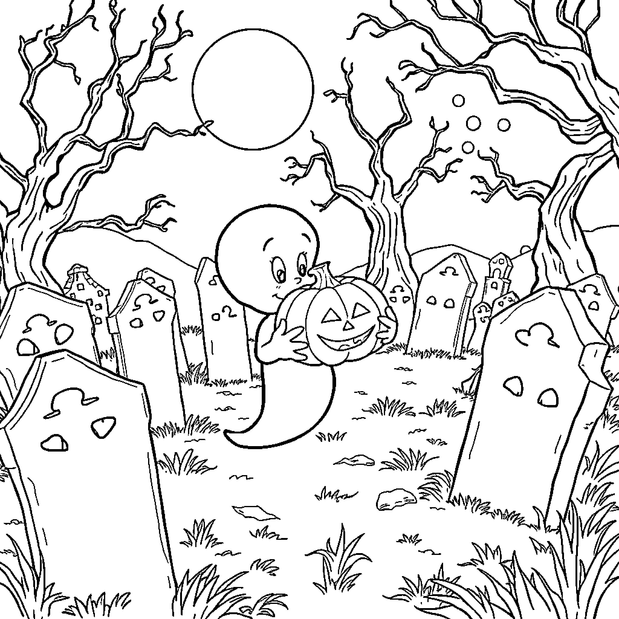 Casper's Halloween Adventure in the Haunted Graveyard Coloring Page (free black-and-white line drawing printable PDF for all, from beginners to advanced learners, including children, teens, adults, and seniors)