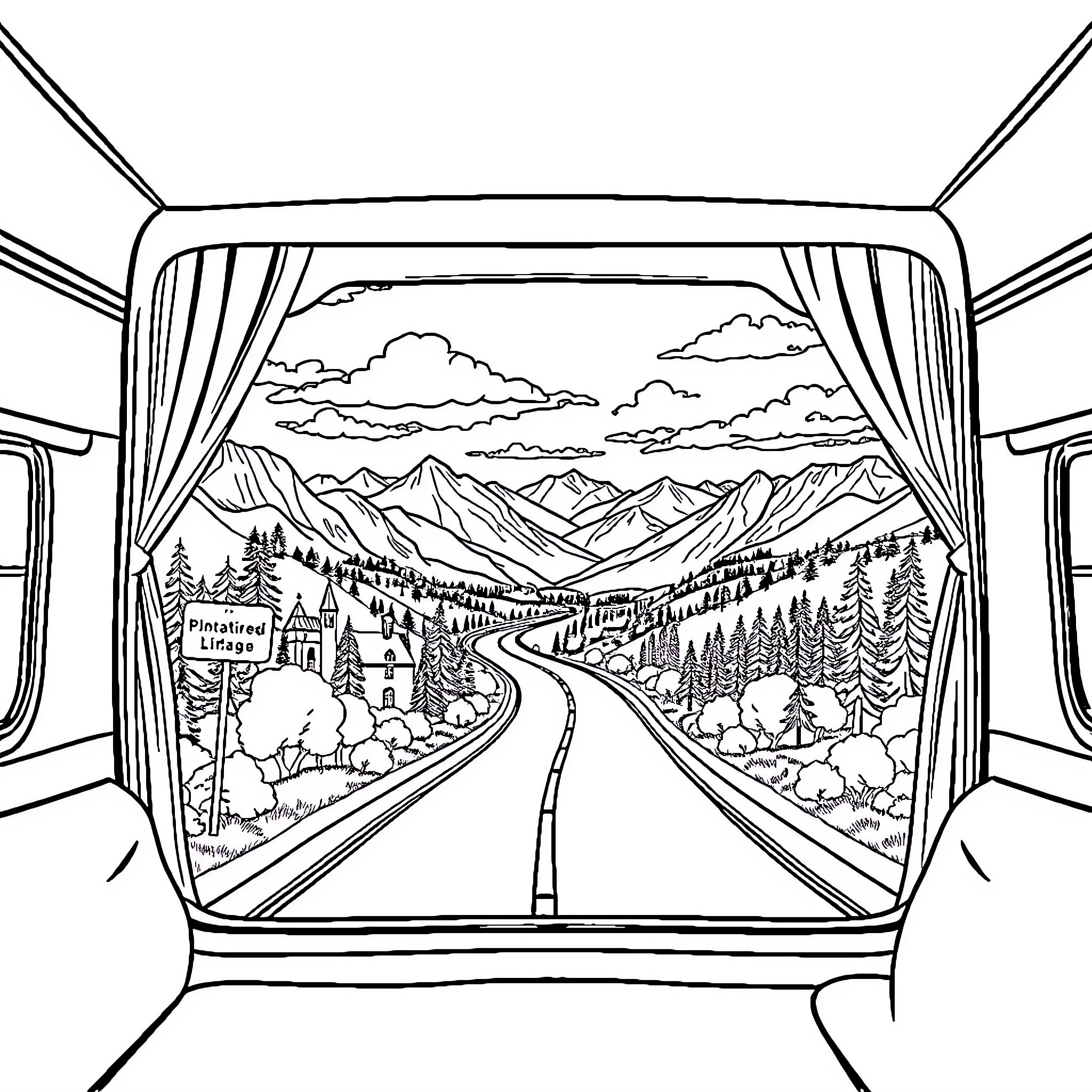 Camper's scenic view through van window Coloring Page (free black-and-white line drawing printable PDF for all, from beginners to advanced learners, including children, teens, adults, and seniors)