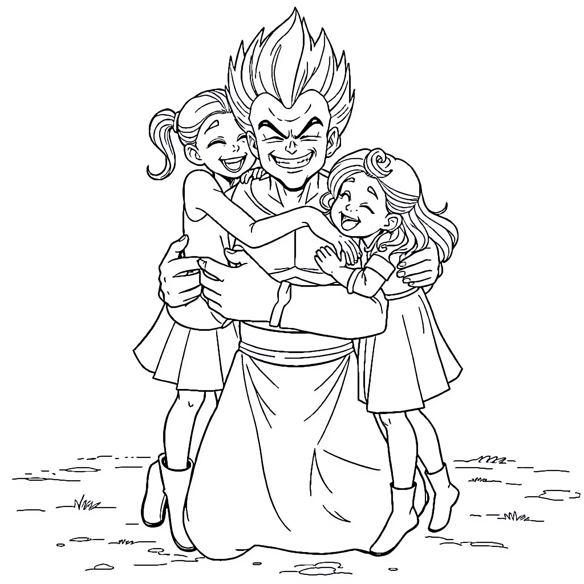 Vegeta embracing his family in a warm embrace Coloring Page (free black-and-white line drawing printable PDF for all, from beginners to advanced learners, including children, teens, adults, and seniors)