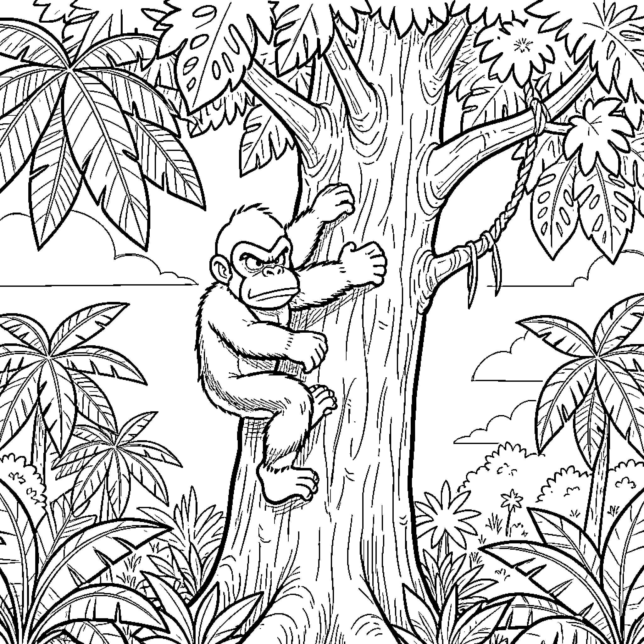 Donkey Kong climbing a large jungle tree Coloring Page (free black-and-white line drawing printable PDF for all, from beginners to advanced learners, including children, teens, adults, and seniors)