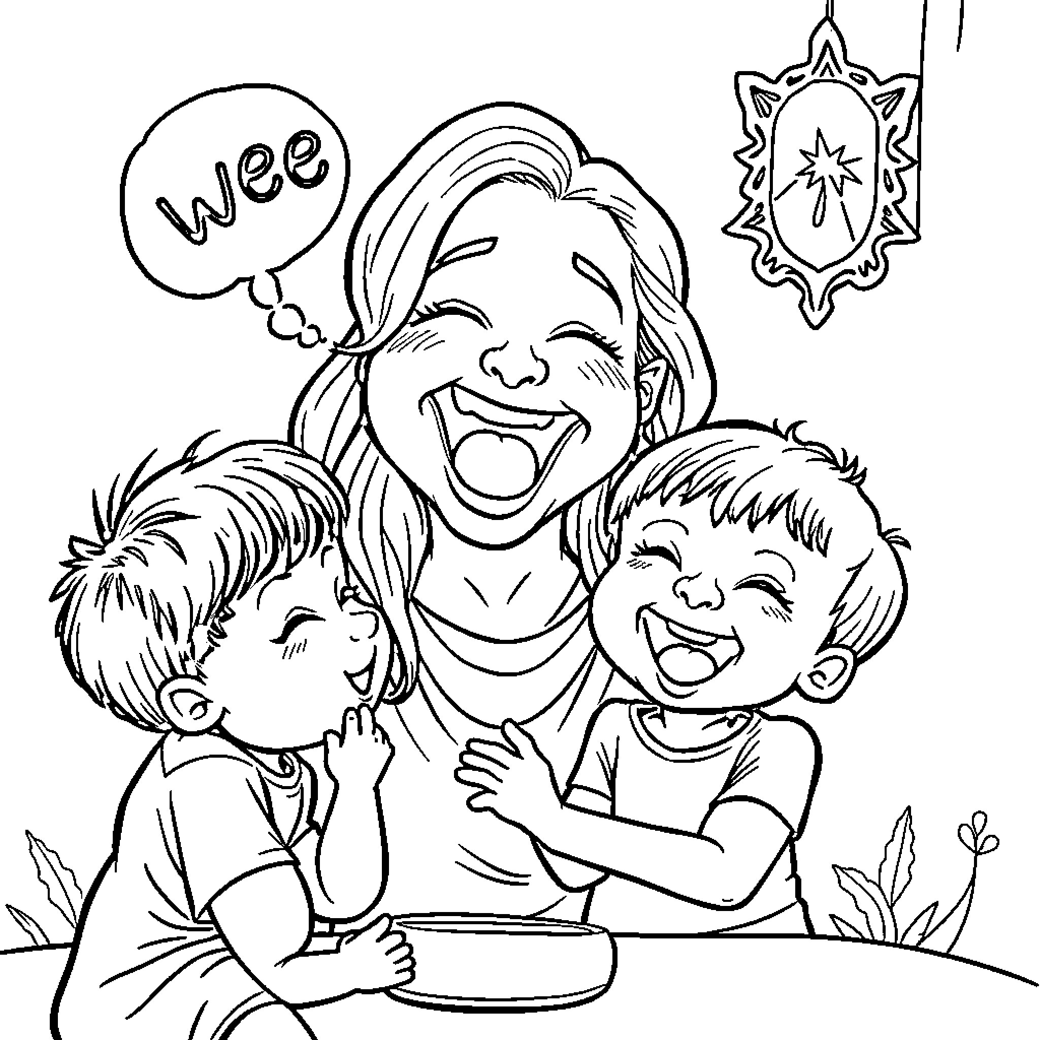 Mom Happily Playing with Joyful Children Coloring Page (free black-and-white line drawing printable PDF for all, from beginners to advanced learners, including children, teens, adults, and seniors)
