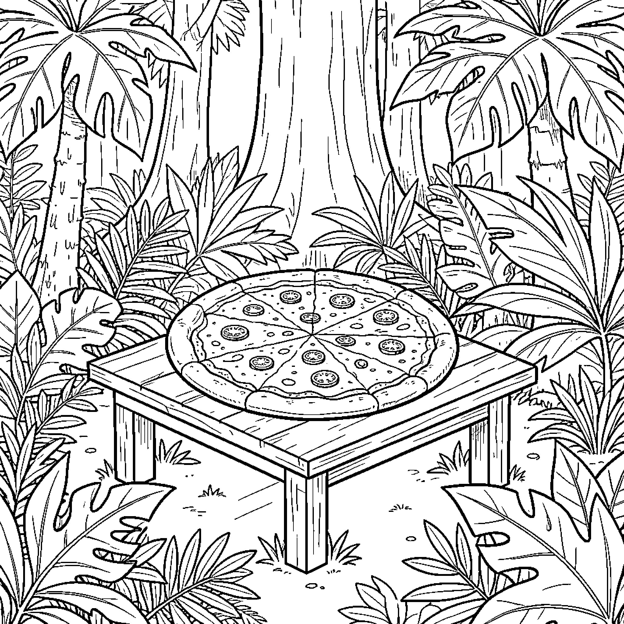 Pizza resting on a wooden table in a jungle Coloring Page (free black-and-white line drawing printable PDF for all, from beginners to advanced learners, including children, teens, adults, and seniors)