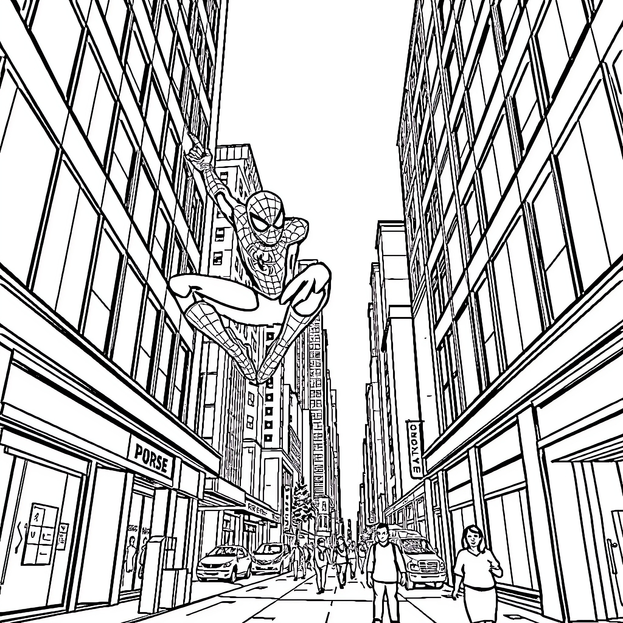 Spiderman swinging through the city streets Coloring Page (free black-and-white line drawing printable PDF for all, from beginners to advanced learners, including children, teens, adults, and seniors)