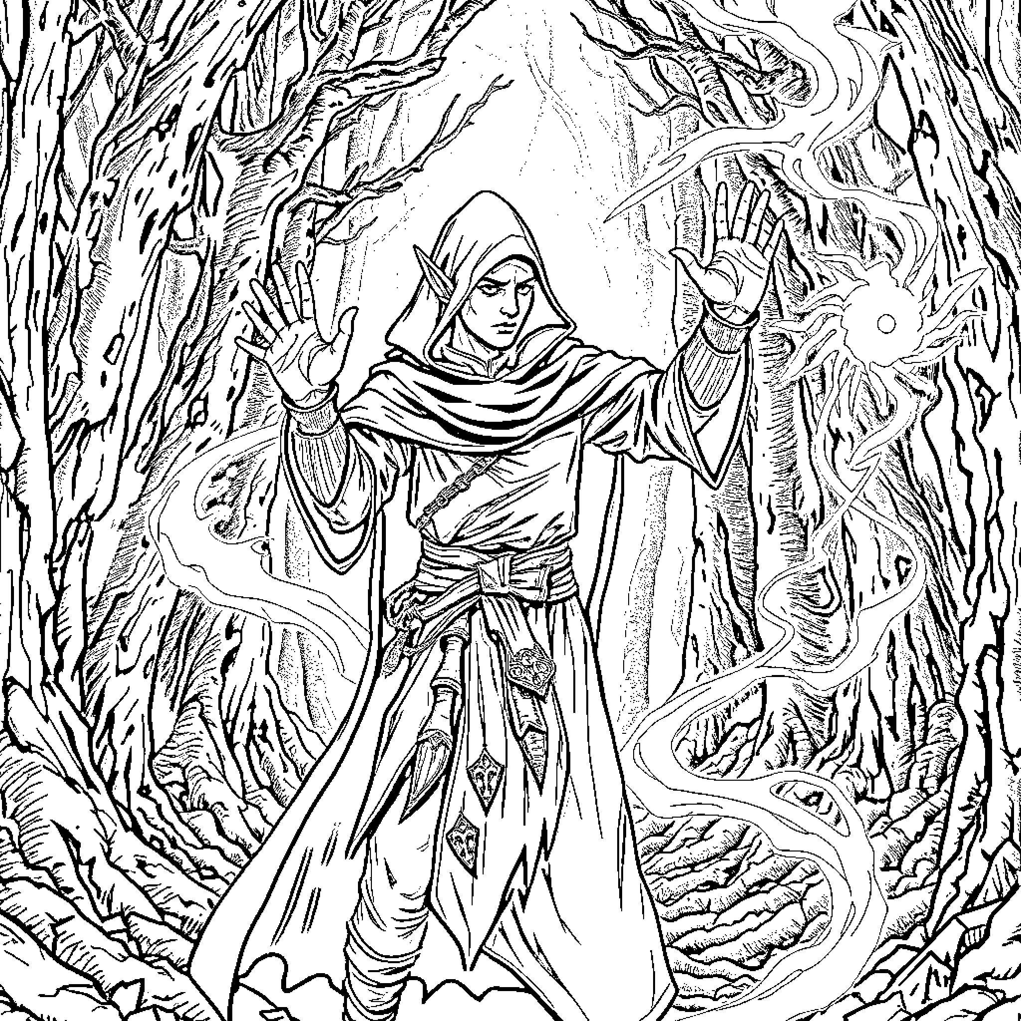Half Elf Mage Casting Spell in Mysterious Forest Coloring Page (free black-and-white line drawing printable PDF for all, from beginners to advanced learners, including children, teens, adults, and seniors)