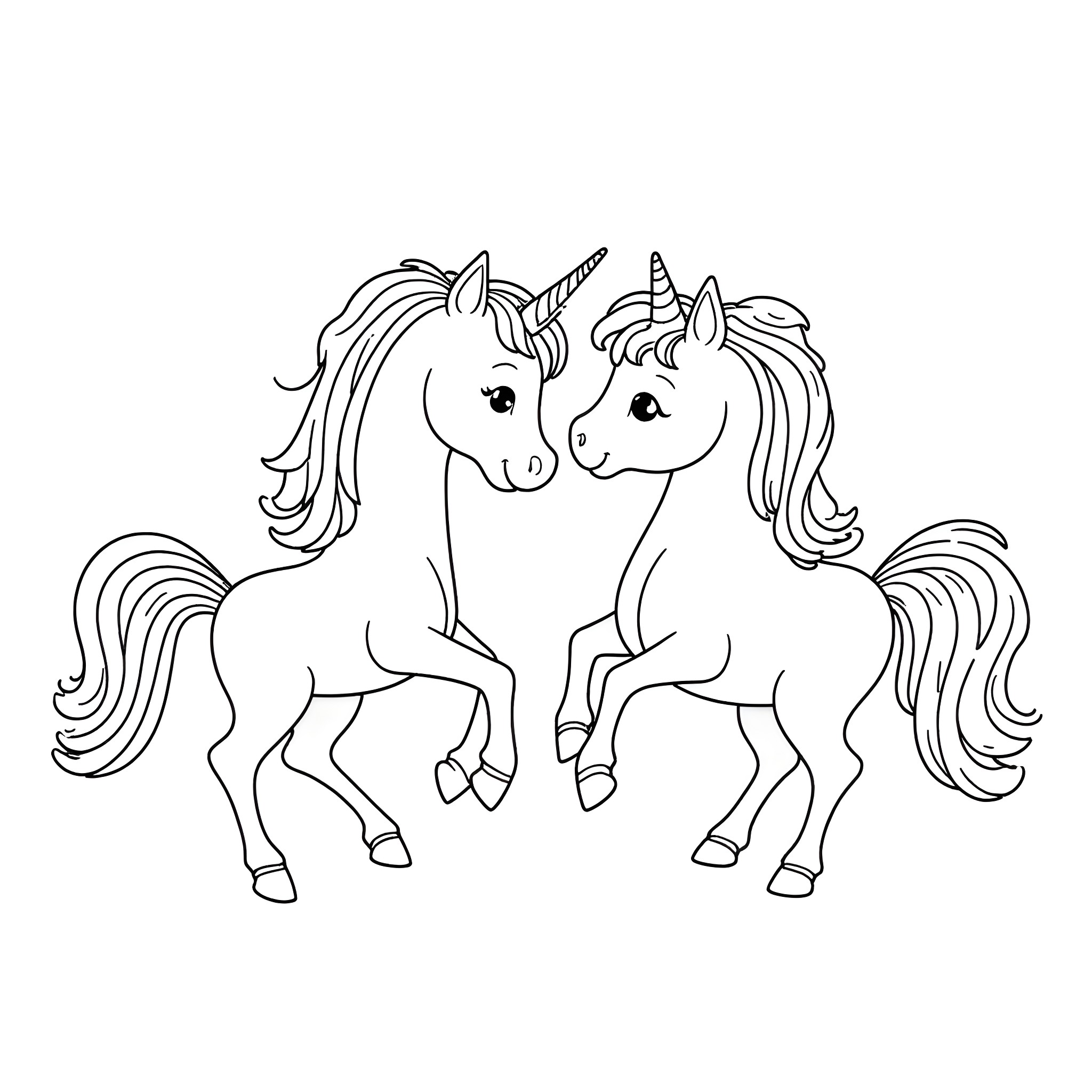 Unicorn friends frolicking joyfully Coloring Page (free black-and-white line drawing printable PDF for all, from beginners to advanced learners, including children, teens, adults, and seniors)