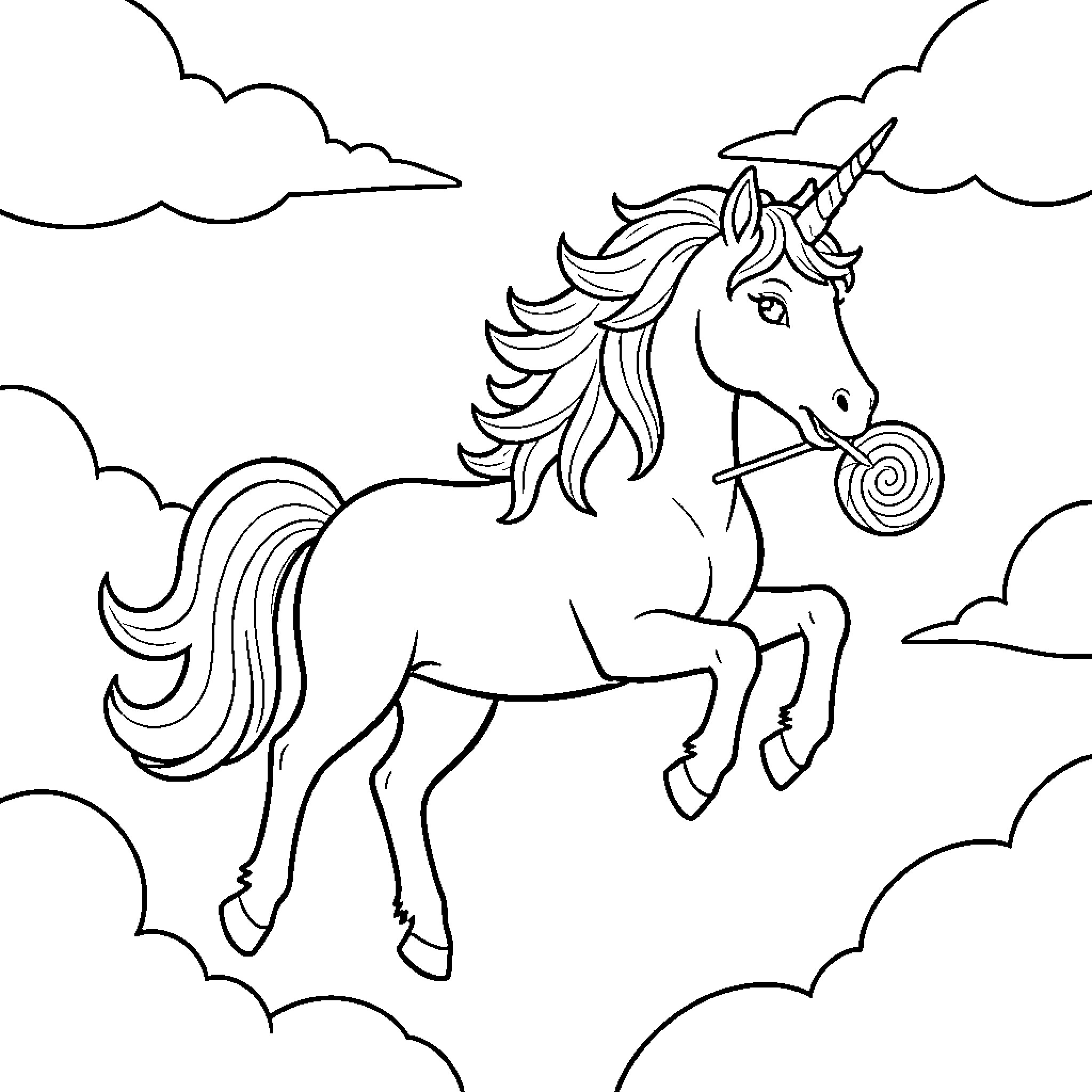 Unicorn jumping joyfully through the clouds with a lollipop Coloring Page (free black-and-white line drawing printable PDF for all, from beginners to advanced learners, including children, teens, adults, and seniors)