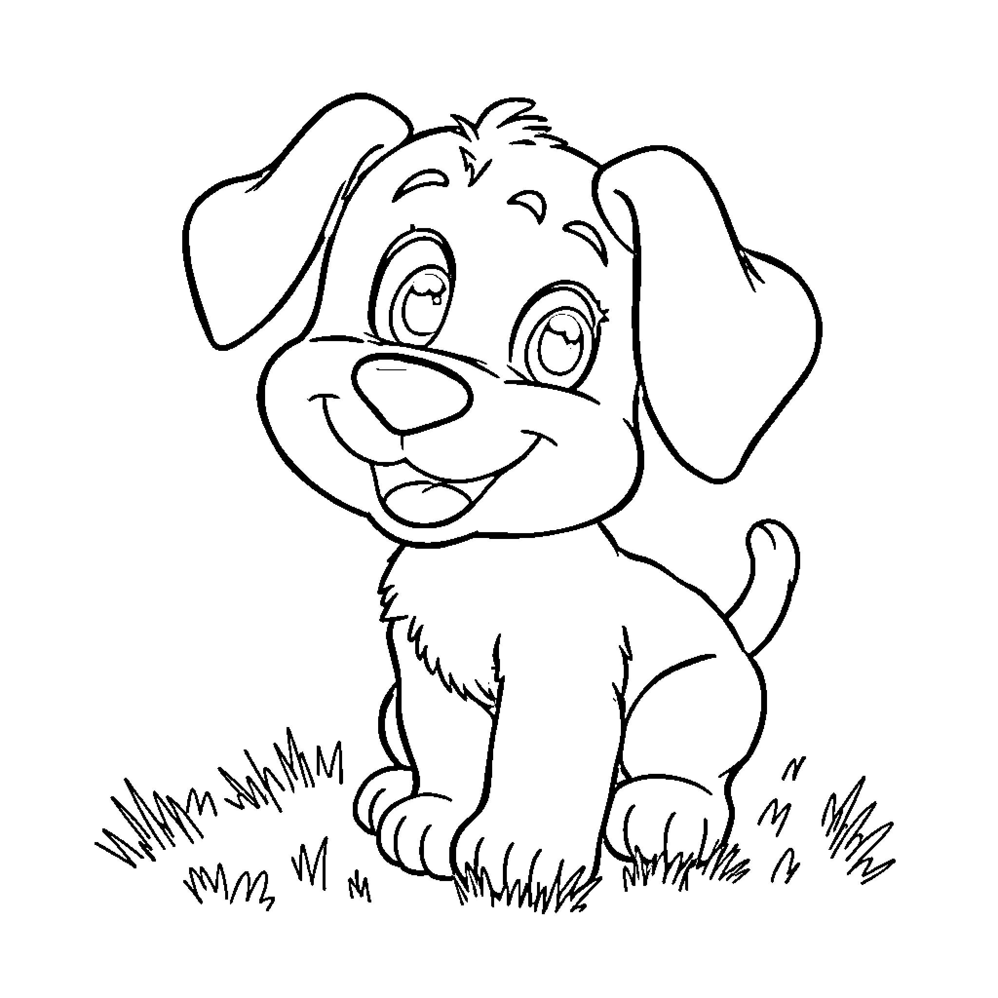 Blue Puppy Happily Exploring the Grass Coloring Page (free black-and-white line drawing printable PDF for all, from beginners to advanced learners, including children, teens, adults, and seniors)