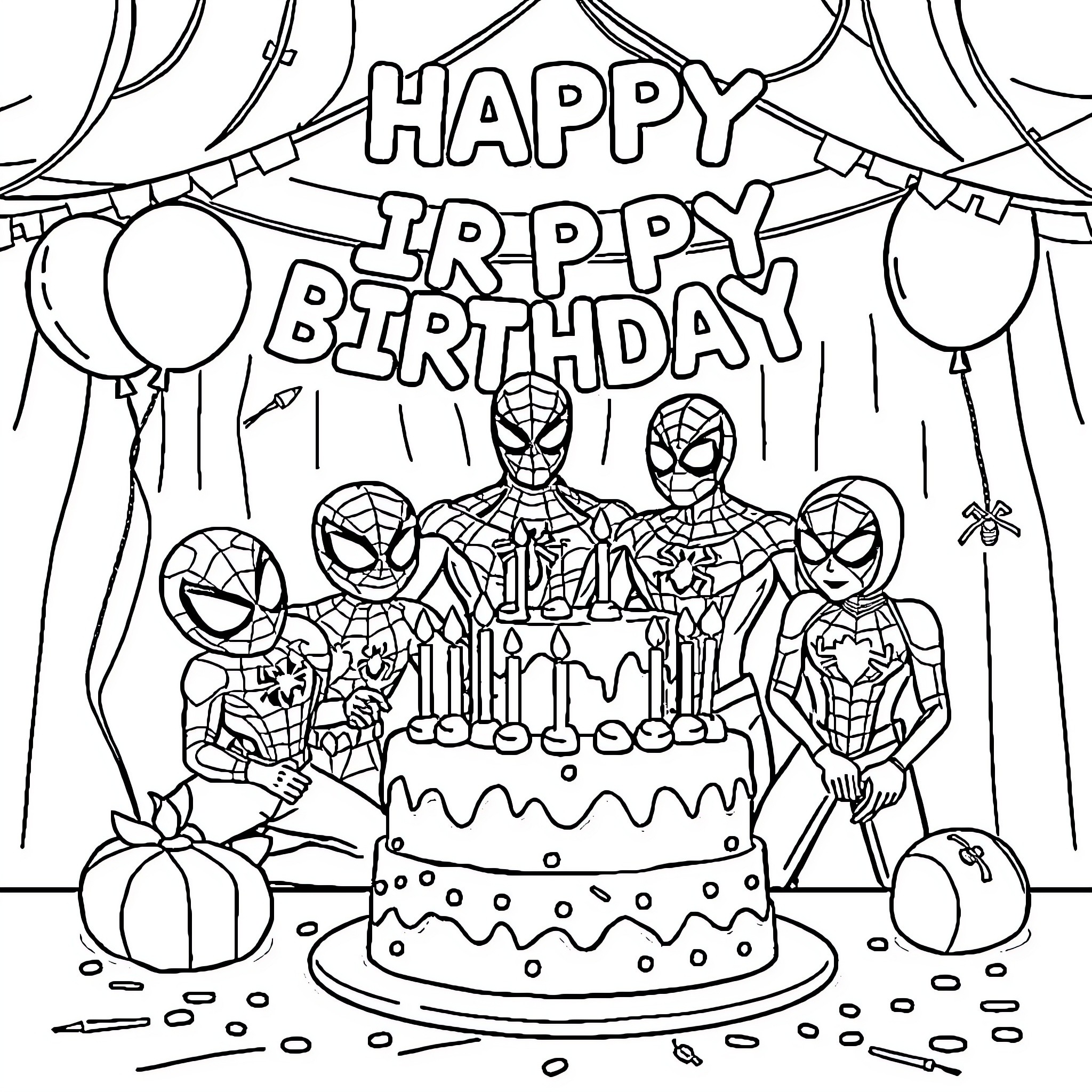 Spidey heroes celebrate happy birthday party Coloring Page (free black-and-white line drawing printable PDF for all, from beginners to advanced learners, including children, teens, adults, and seniors)