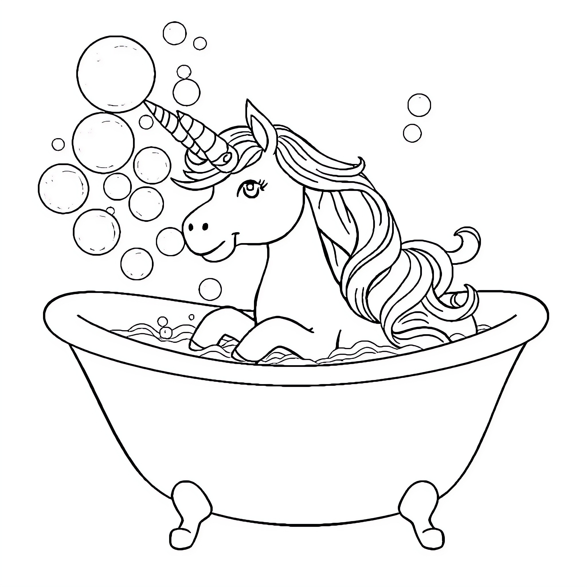 Unicorn taking a bubbly bath Coloring Page (free black-and-white line drawing printable PDF for all, from beginners to advanced learners, including children, teens, adults, and seniors)