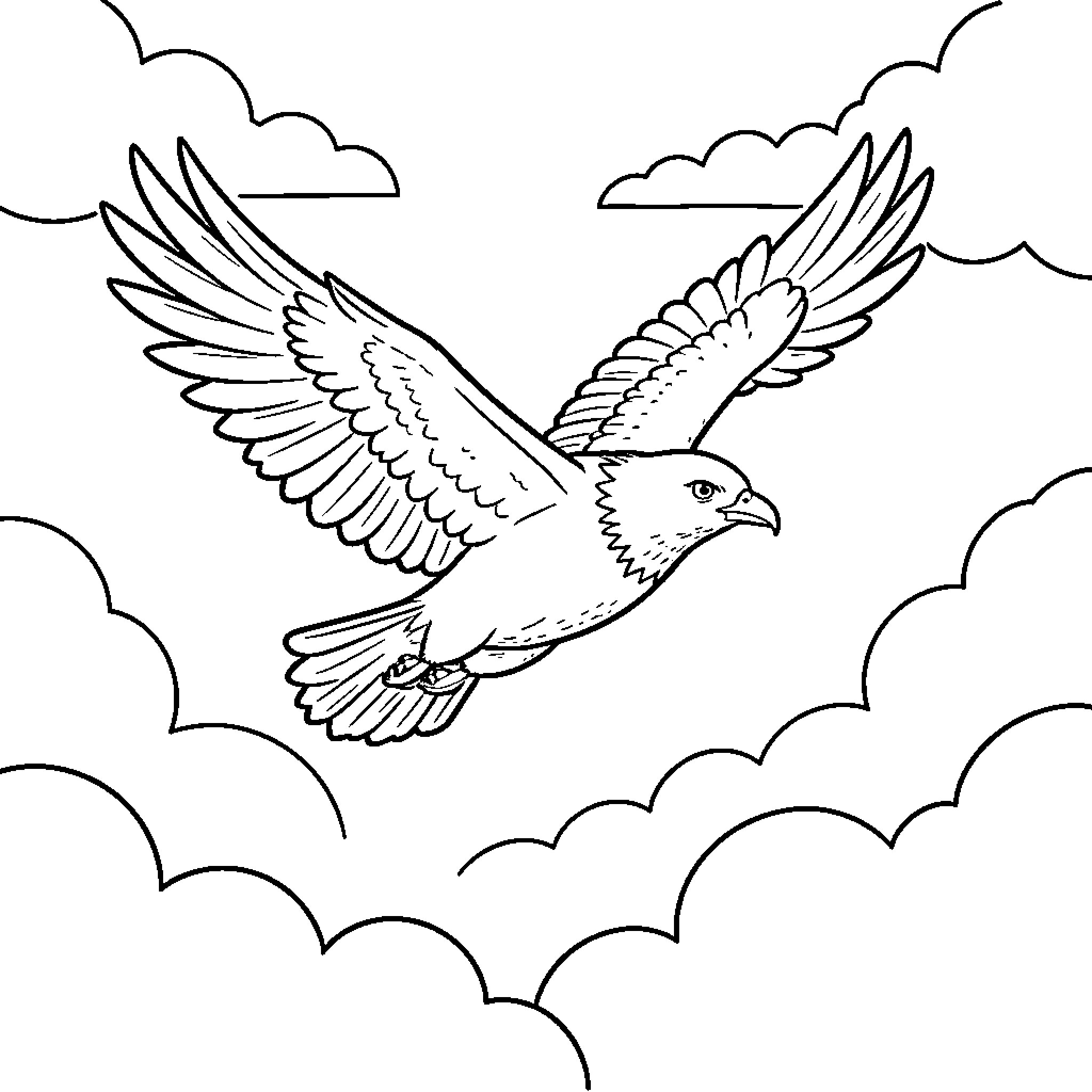 Bird soaring freely through cloudy skies Coloring Page (free black-and-white line drawing printable PDF for all, from beginners to advanced learners, including children, teens, adults, and seniors)