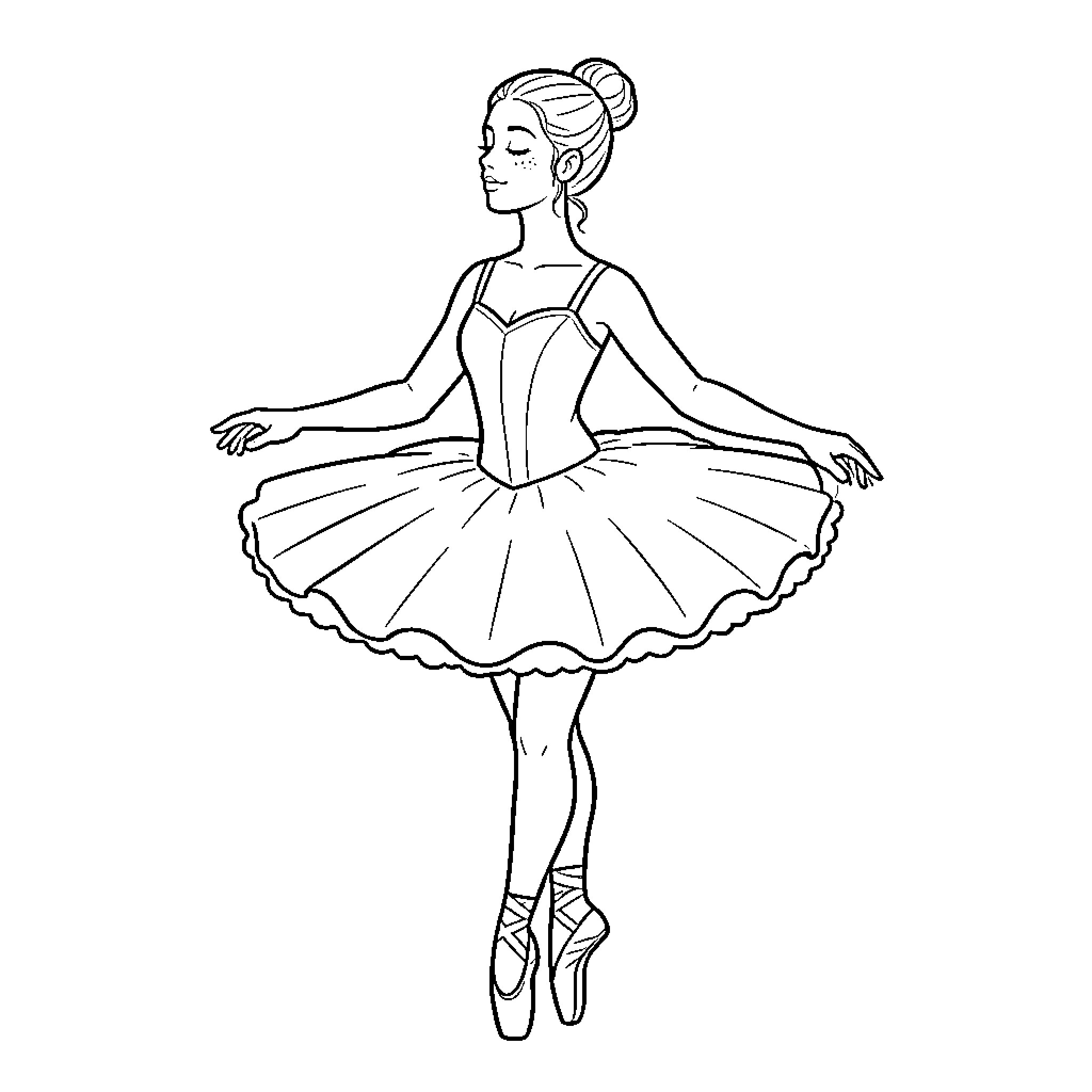 Ballerina performing graceful dance moves Coloring Page (free black-and-white line drawing printable PDF for all, from beginners to advanced learners, including children, teens, adults, and seniors)
