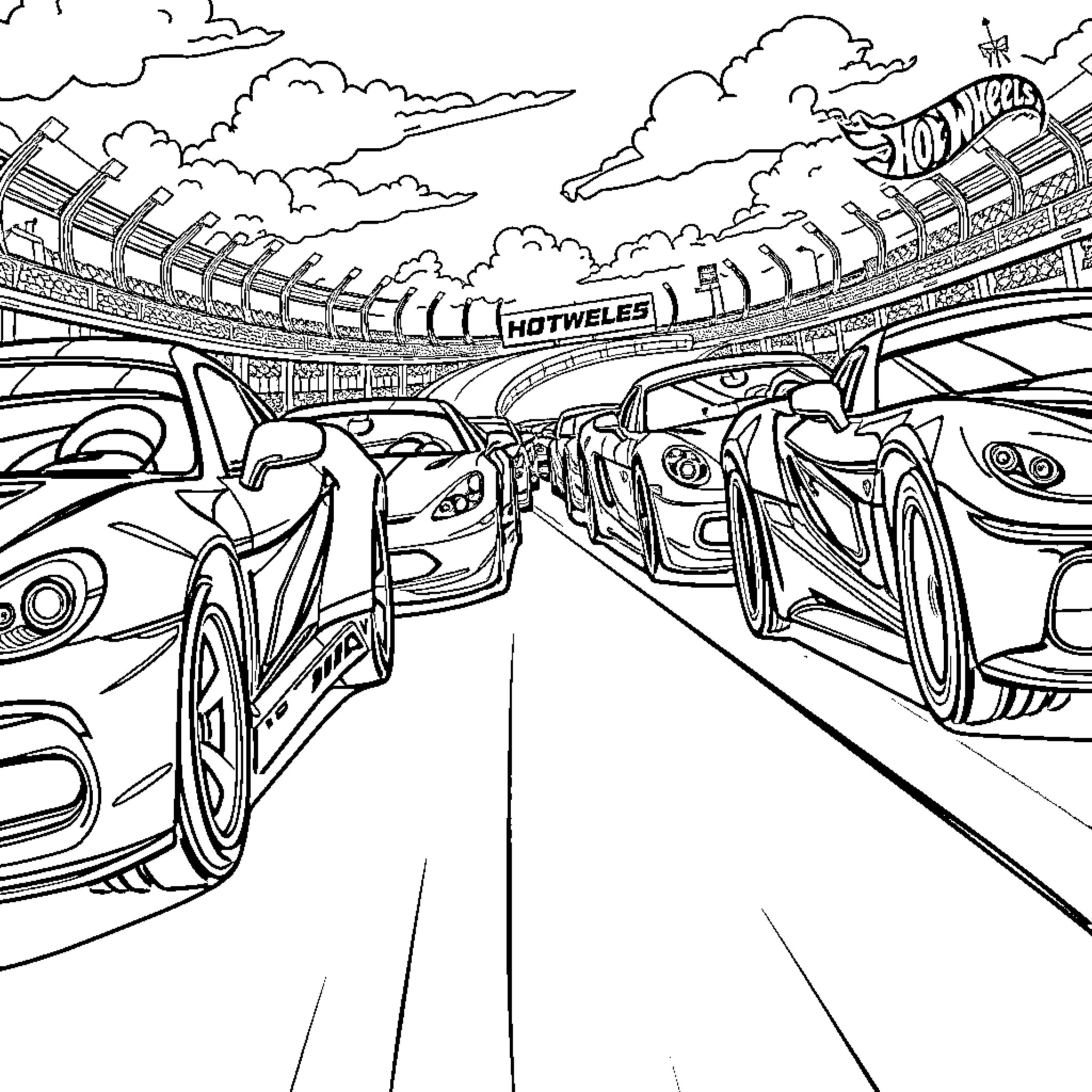 Cars racing on crowded track in stadium Coloring Page (free black-and-white line drawing printable PDF for all, from beginners to advanced learners, including children, teens, adults, and seniors)