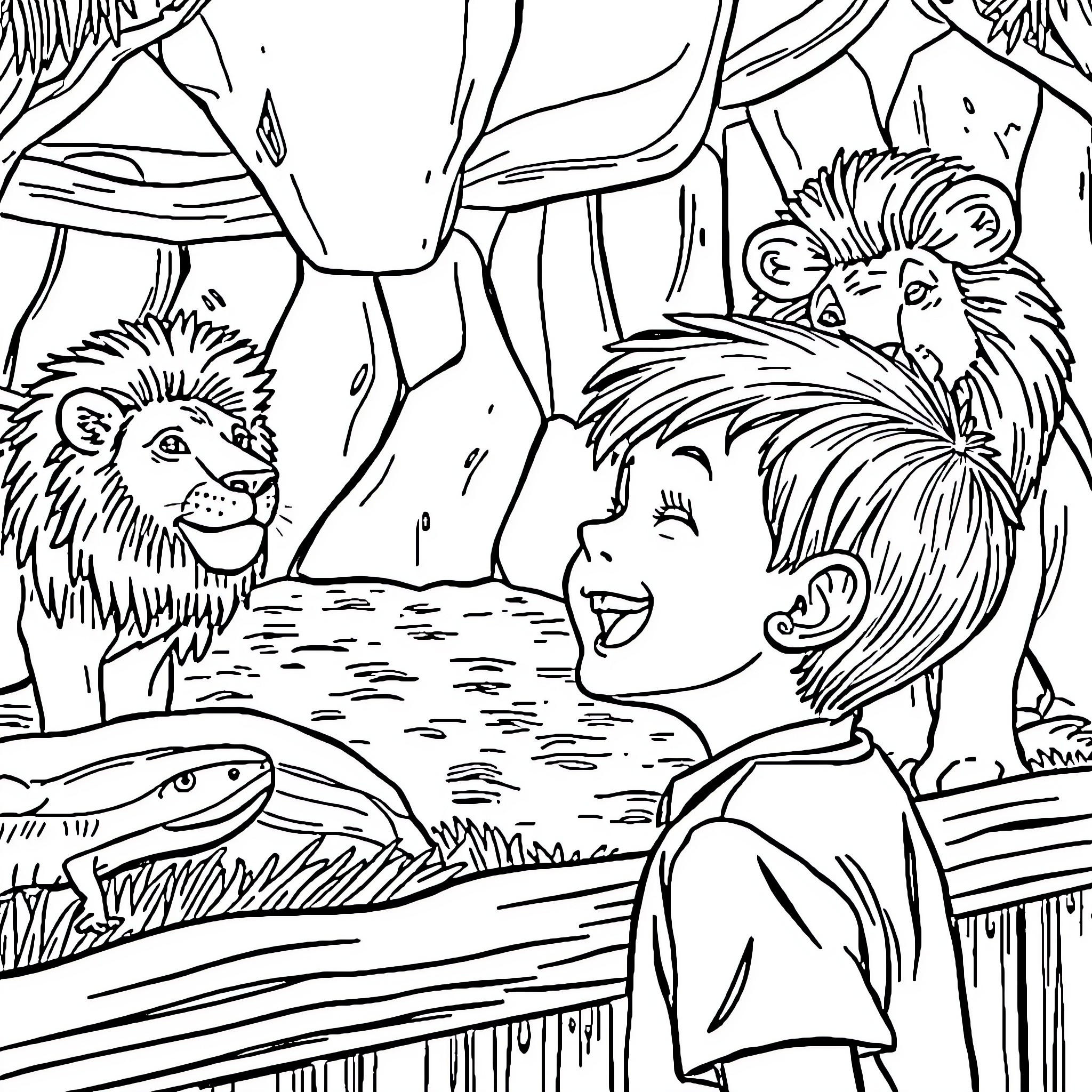 Kid exploring jungle with friendly lions Coloring Page (free black-and-white line drawing printable PDF for all, from beginners to advanced learners, including children, teens, adults, and seniors)