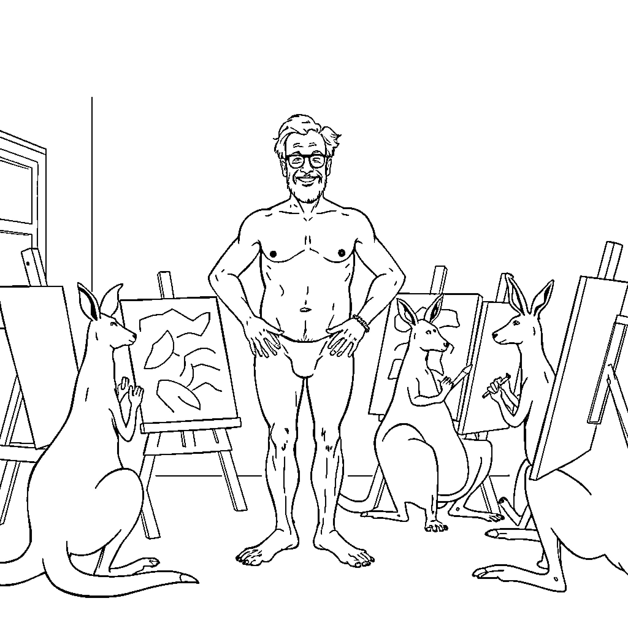 Larry David's Artistic Escapades with Canine Companions Coloring Page (free black-and-white line drawing printable PDF for all, from beginners to advanced learners, including children, teens, adults, and seniors)