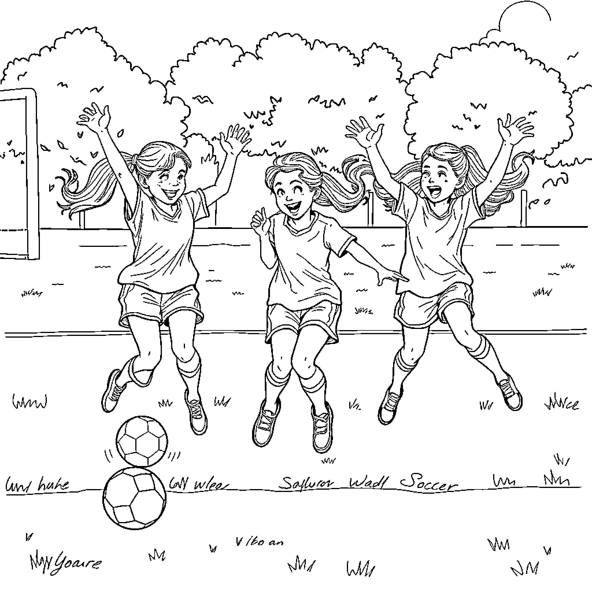 Girls playing happily with soccer ball in park Coloring Page (free black-and-white line drawing printable PDF for all, from beginners to advanced learners, including children, teens, adults, and seniors)