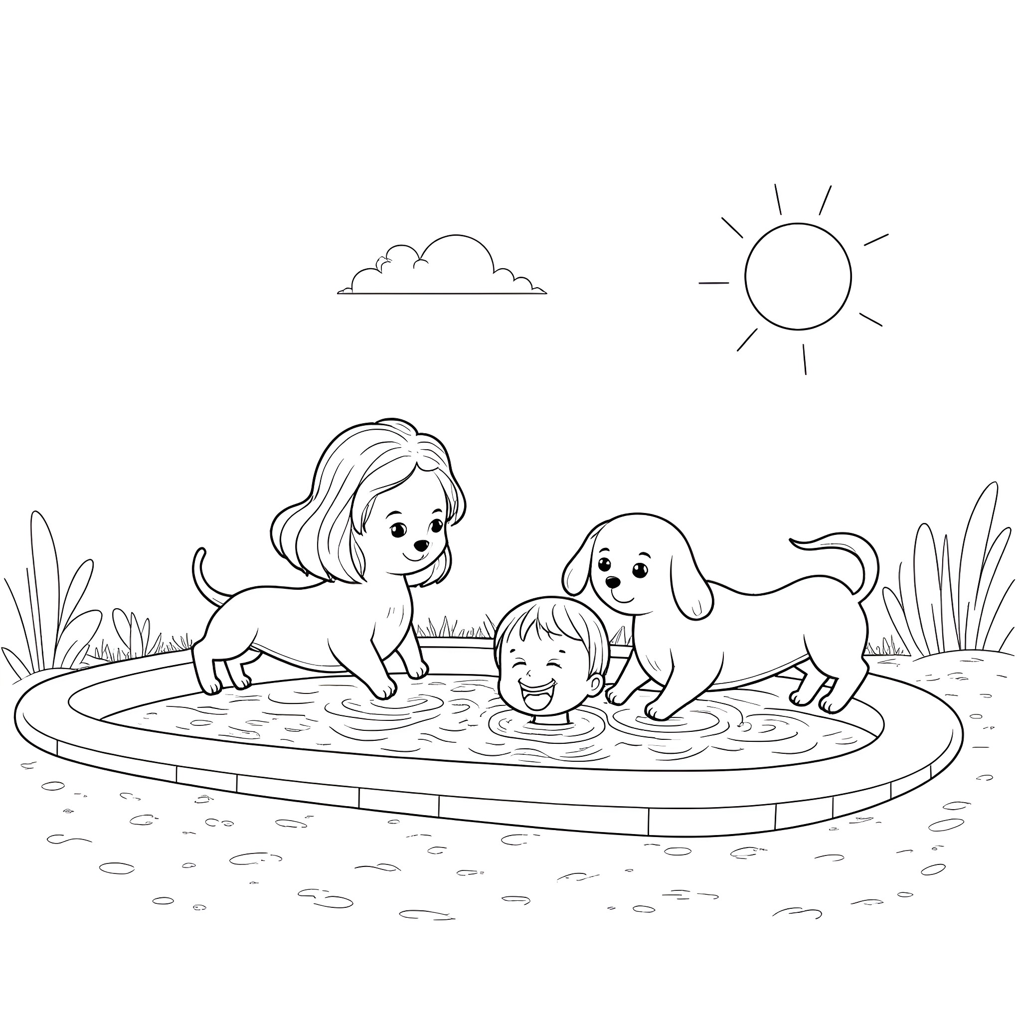 Sausage Dogs Playing with Child in Kiddie Pool Coloring Page (free black-and-white line drawing printable PDF for all, from beginners to advanced learners, including children, teens, adults, and seniors)