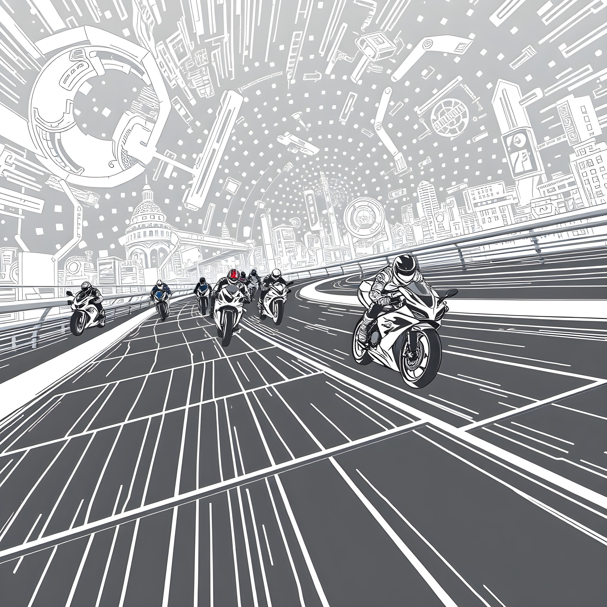 Light Cycle Futuristic Motorcycle Race in Cyberpunk City Coloring Page (free black-and-white line drawing printable PDF for all, from beginners to advanced learners, including children, teens, adults, and seniors)