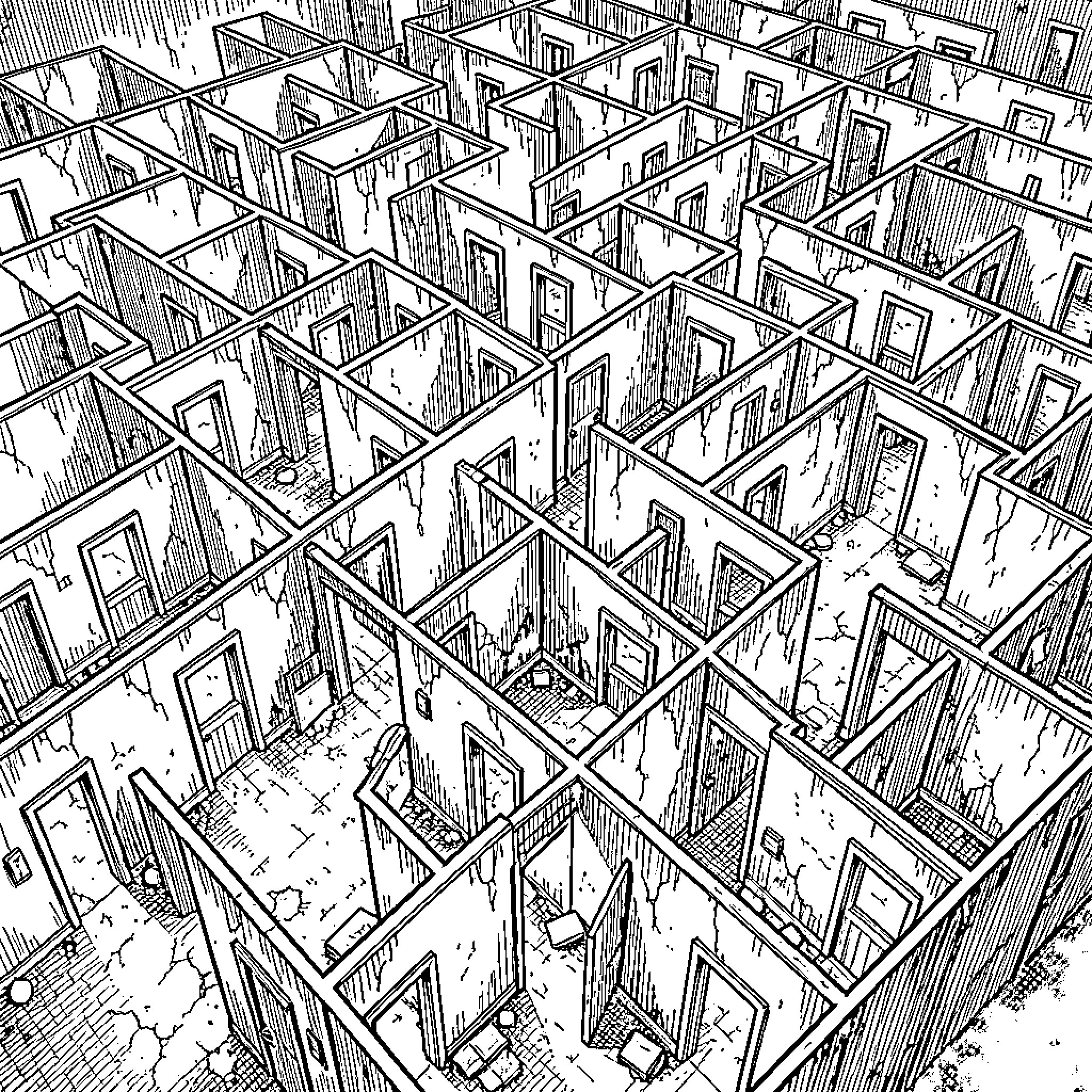 Backroom consisting of an endless maze of empty rooms Coloring Page (free black-and-white line drawing printable PDF for all, from beginners to advanced learners, including children, teens, adults, and seniors)