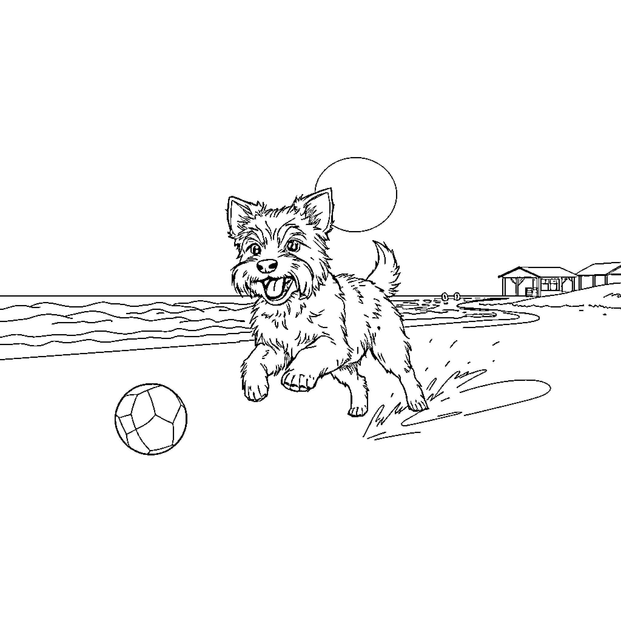 Perro playing with a soccer ball on the beach Coloring Page (free black-and-white line drawing printable PDF for all, from beginners to advanced learners, including children, teens, adults, and seniors)