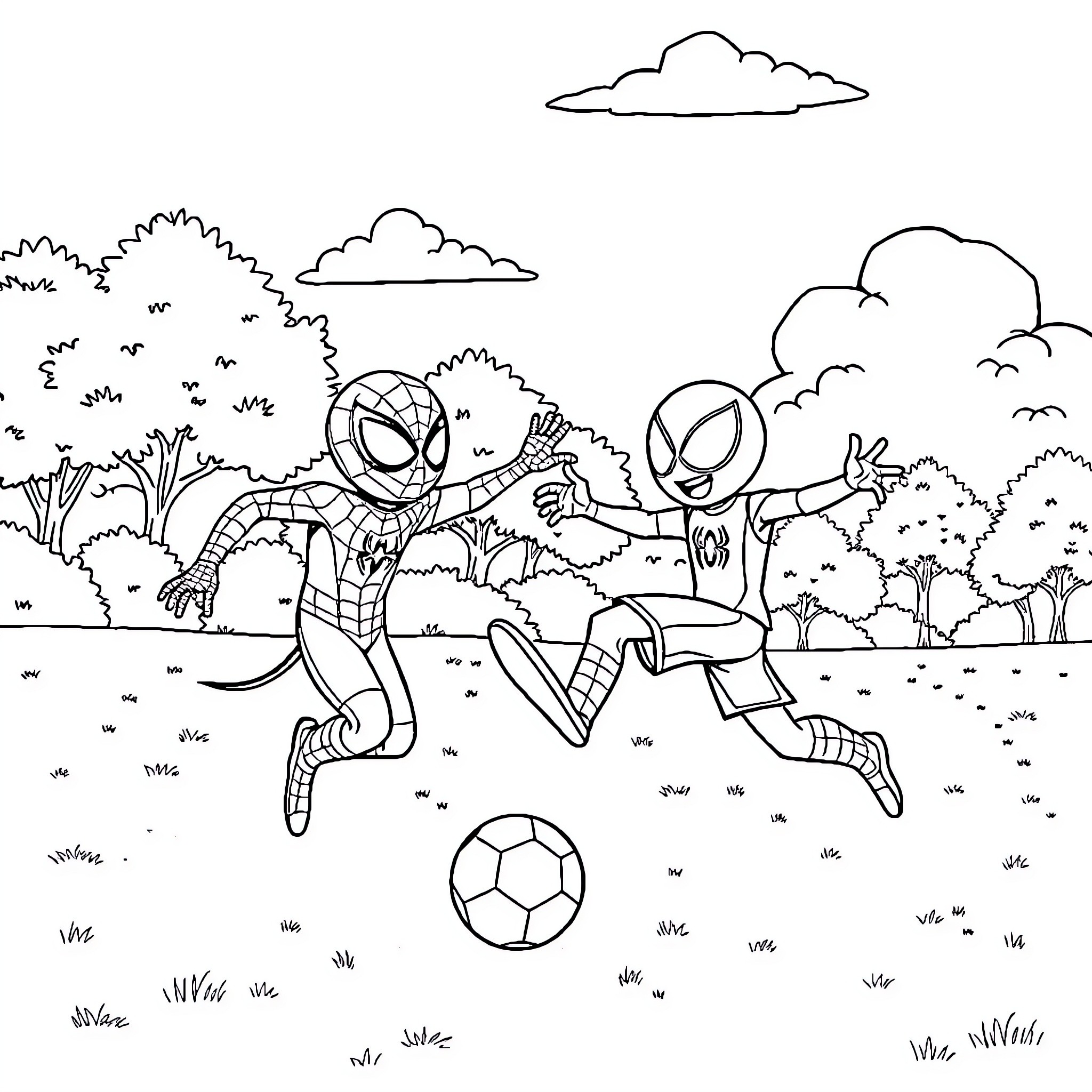Blippi playing soccer with friends in the park Coloring Page (free black-and-white line drawing printable PDF for all, from beginners to advanced learners, including children, teens, adults, and seniors)