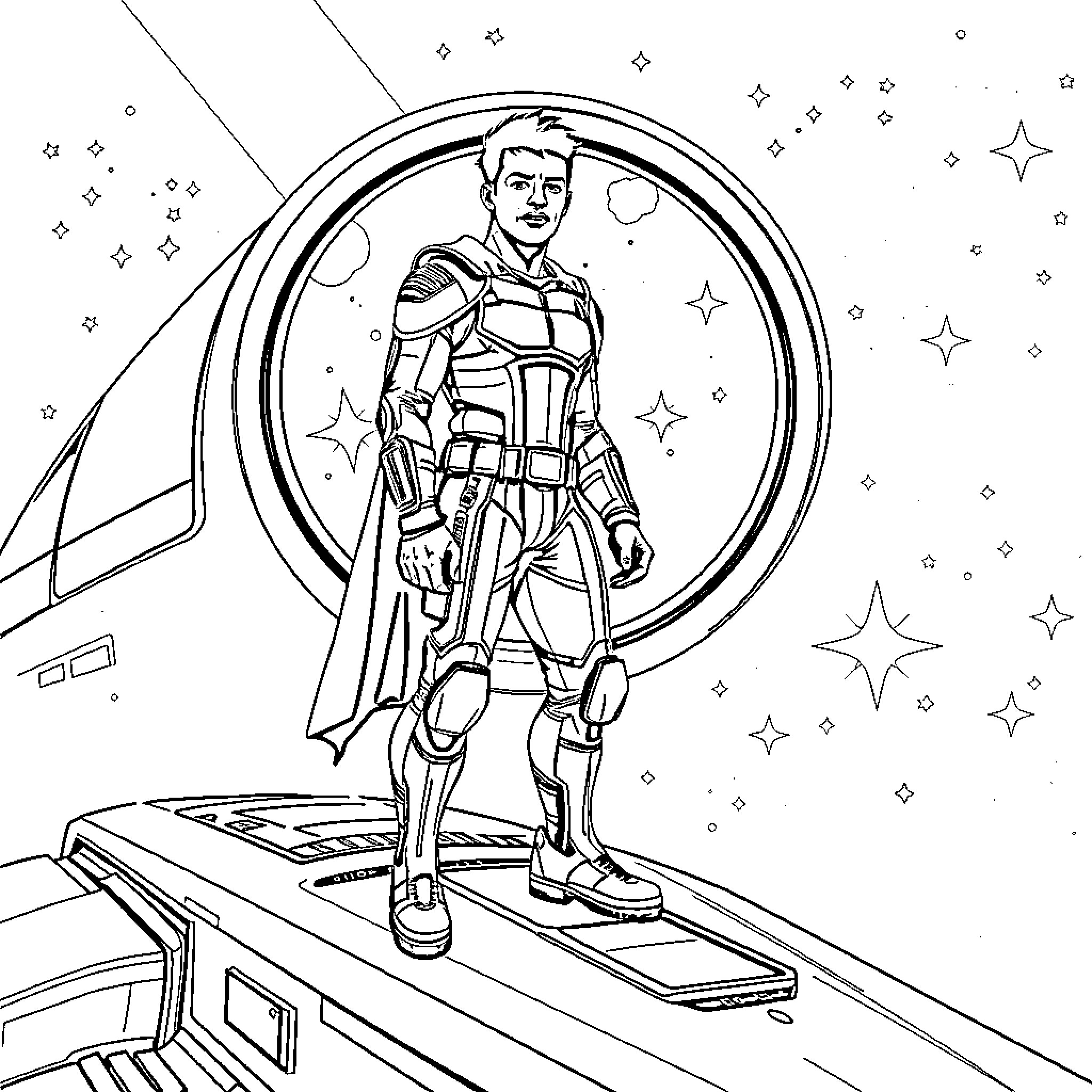 Jalen Hurts in Futuristic Superhero Gear Coloring Page (free black-and-white line drawing printable PDF for all, from beginners to advanced learners, including children, teens, adults, and seniors)