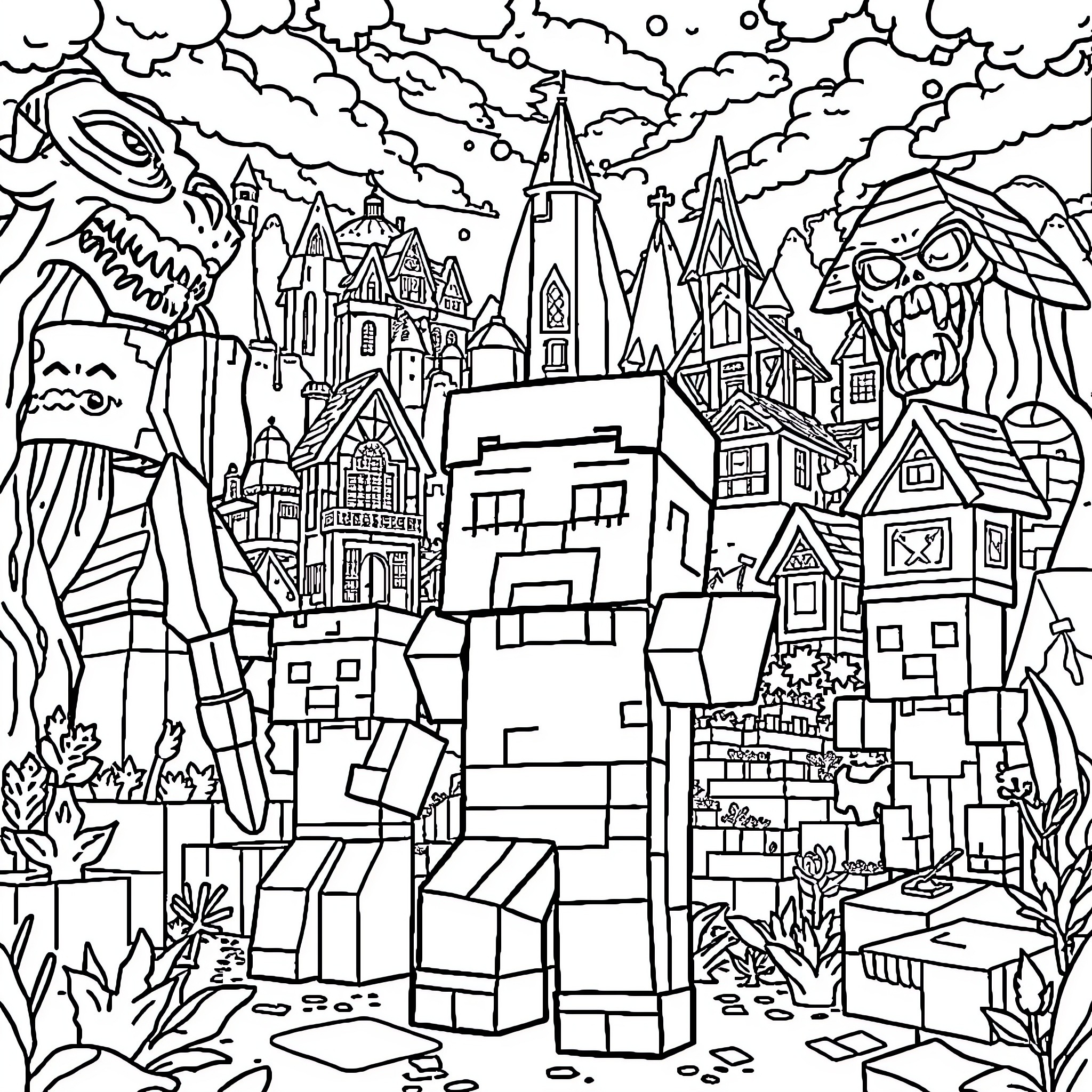 Minecraft Fantastical Town with Unique Architecture Coloring Page (free black-and-white line drawing printable PDF for all, from beginners to advanced learners, including children, teens, adults, and seniors)
