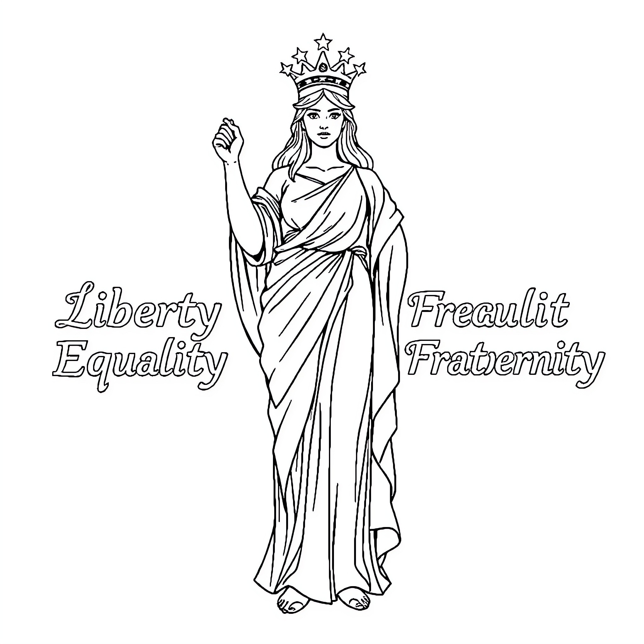 Marianne representing Liberty, Equality, and Fraternity Coloring Page (free black-and-white line drawing printable PDF for all, from beginners to advanced learners, including children, teens, adults, and seniors)