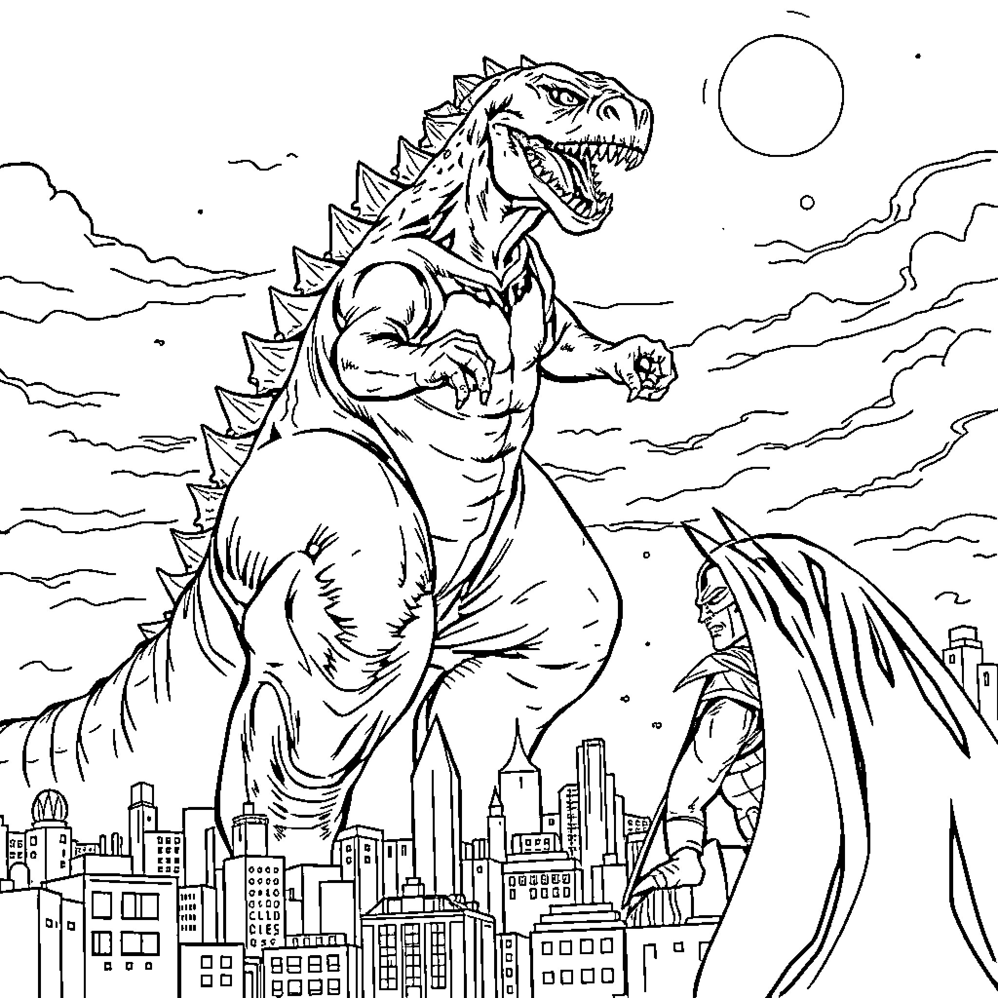 Godzilla Unleashes Destruction in the City Coloring Page (free black-and-white line drawing printable PDF for all, from beginners to advanced learners, including children, teens, adults, and seniors)