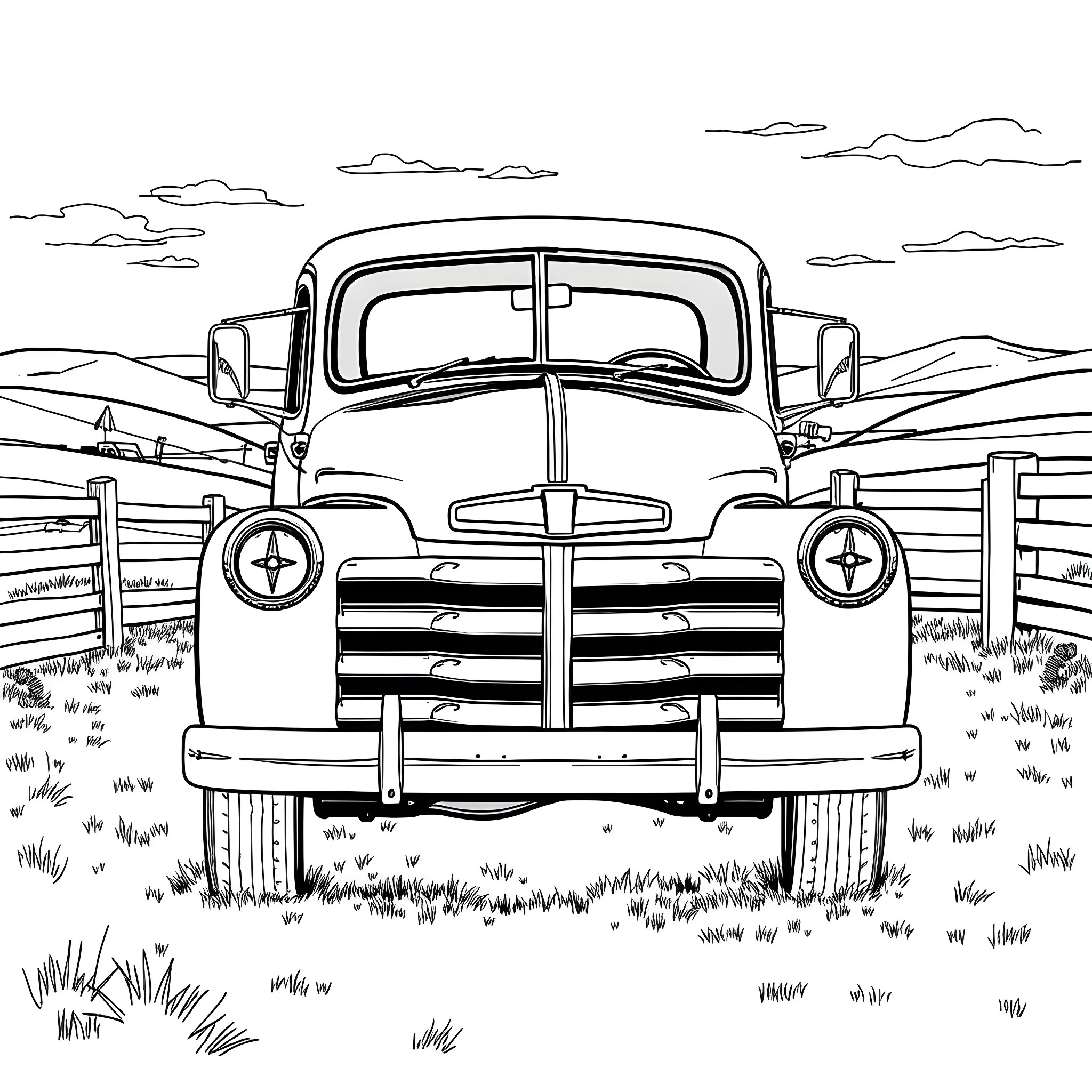 Truck parked in a rural landscape Coloring Page (free black-and-white line drawing printable PDF for all, from beginners to advanced learners, including children, teens, adults, and seniors)