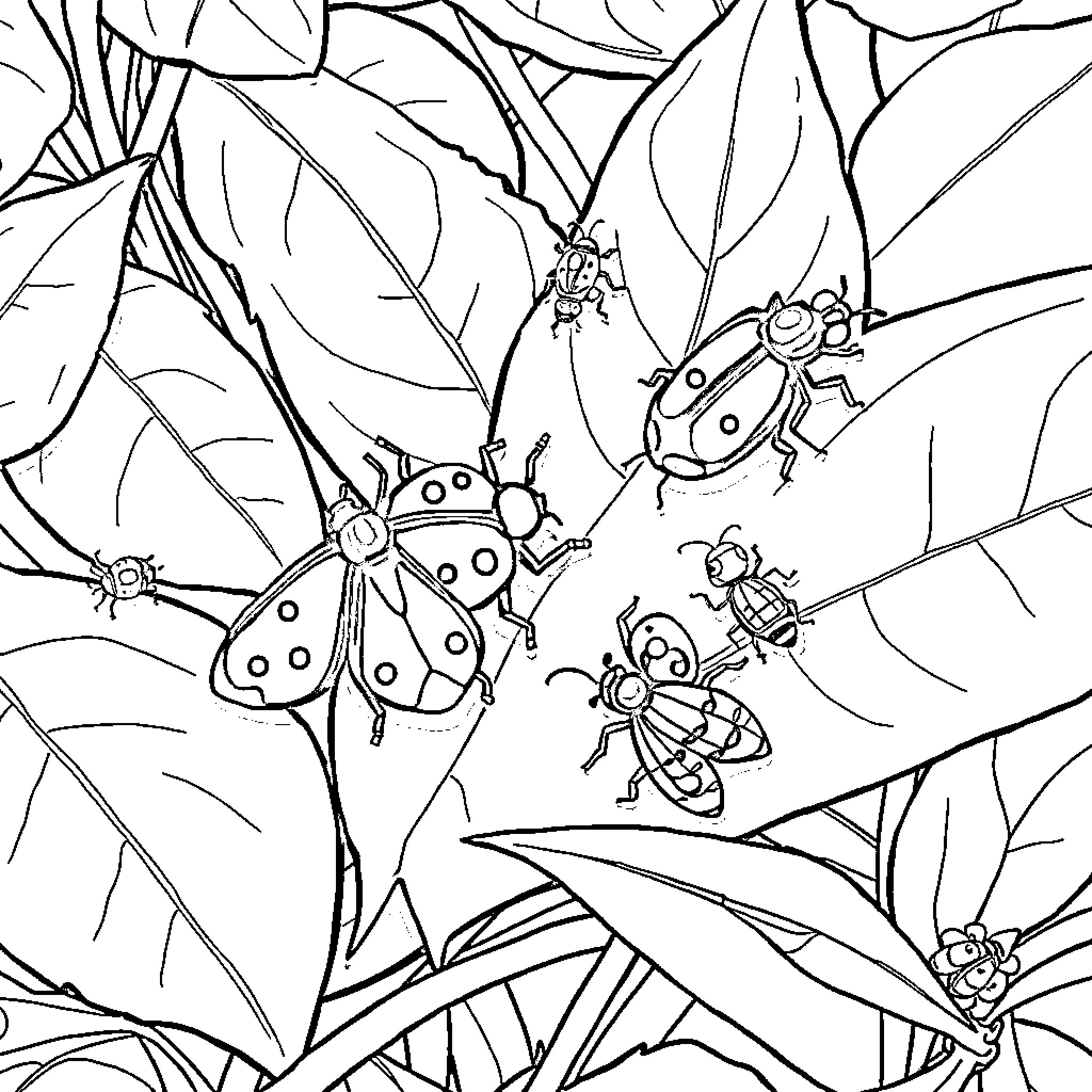 Insects exploring the lush greenery Coloring Page (free black-and-white line drawing printable PDF for all, from beginners to advanced learners, including children, teens, adults, and seniors)