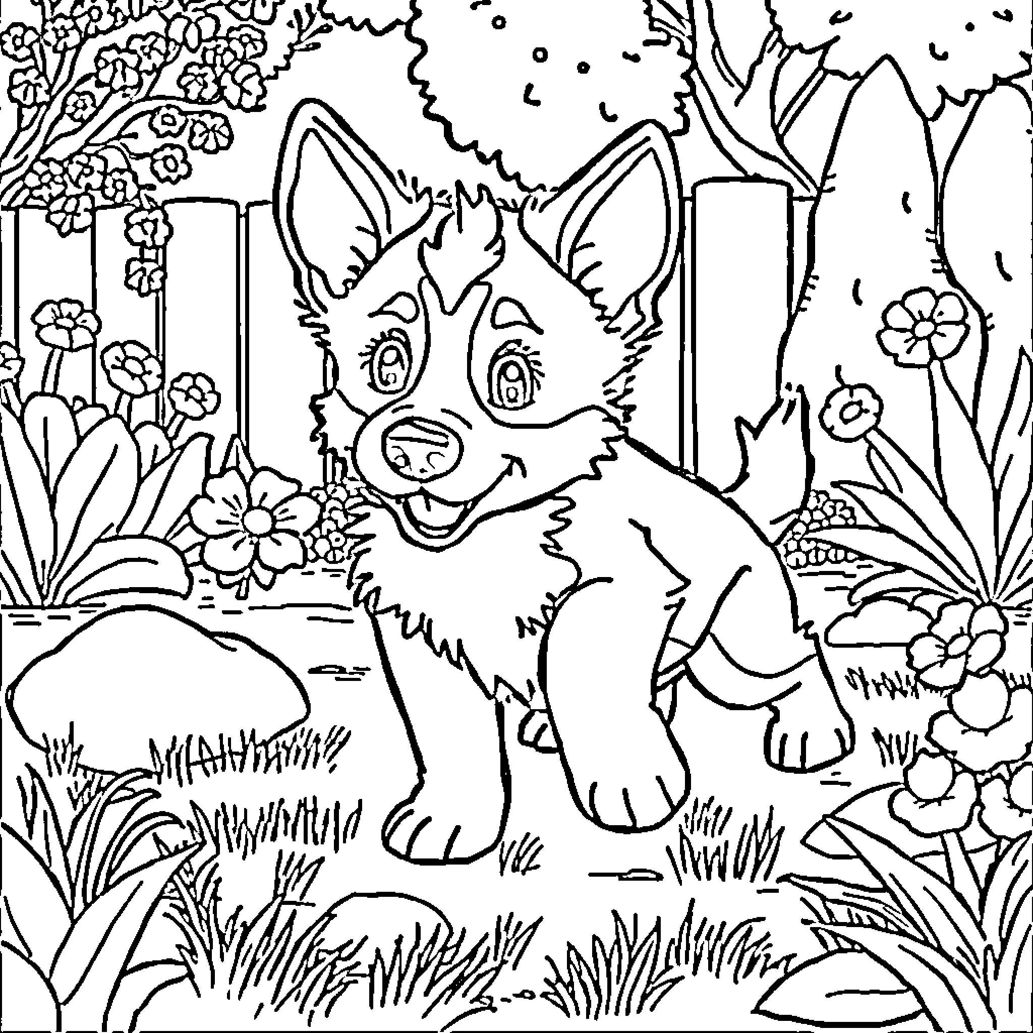 Bluey exploring the whimsical forest Coloring Page (free black-and-white line drawing printable PDF for all, from beginners to advanced learners, including children, teens, adults, and seniors)