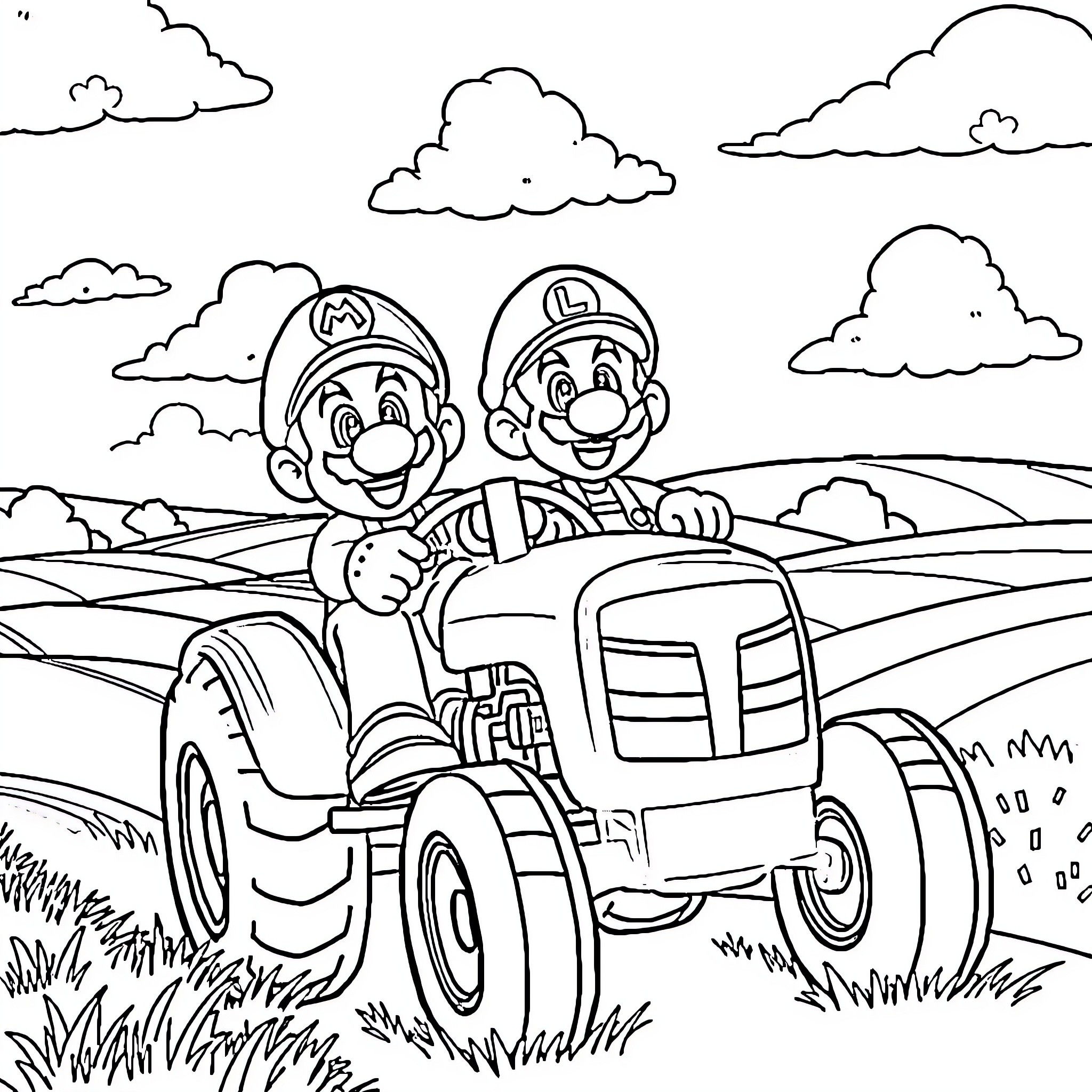Mario and Luigi Driving in a Tractor through the Countryside Coloring Page (free black-and-white line drawing printable PDF for all, from beginners to advanced learners, including children, teens, adults, and seniors)