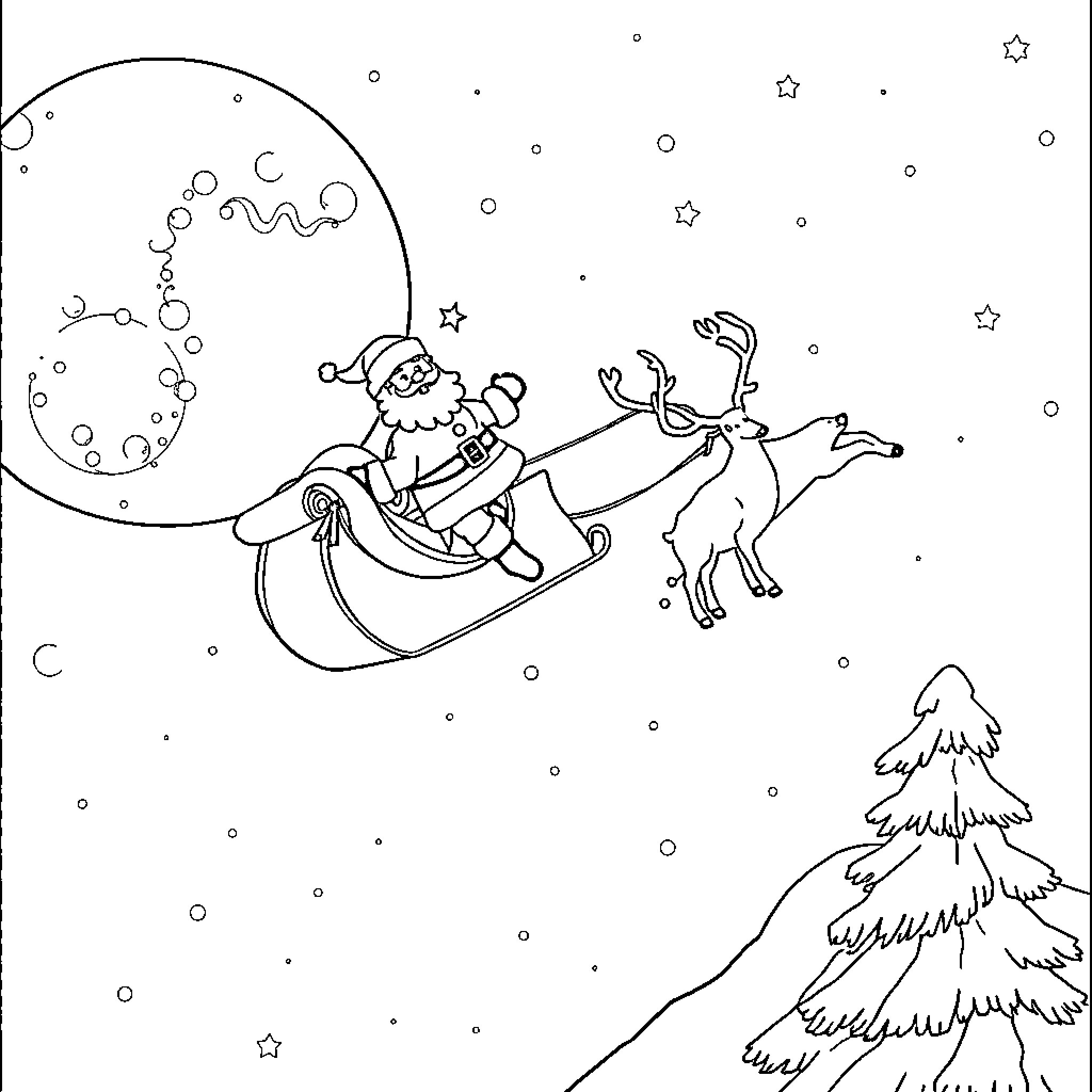 Santa's Sleigh Ride Amongst the Stars Coloring Page (free black-and-white line drawing printable PDF for all, from beginners to advanced learners, including children, teens, adults, and seniors)