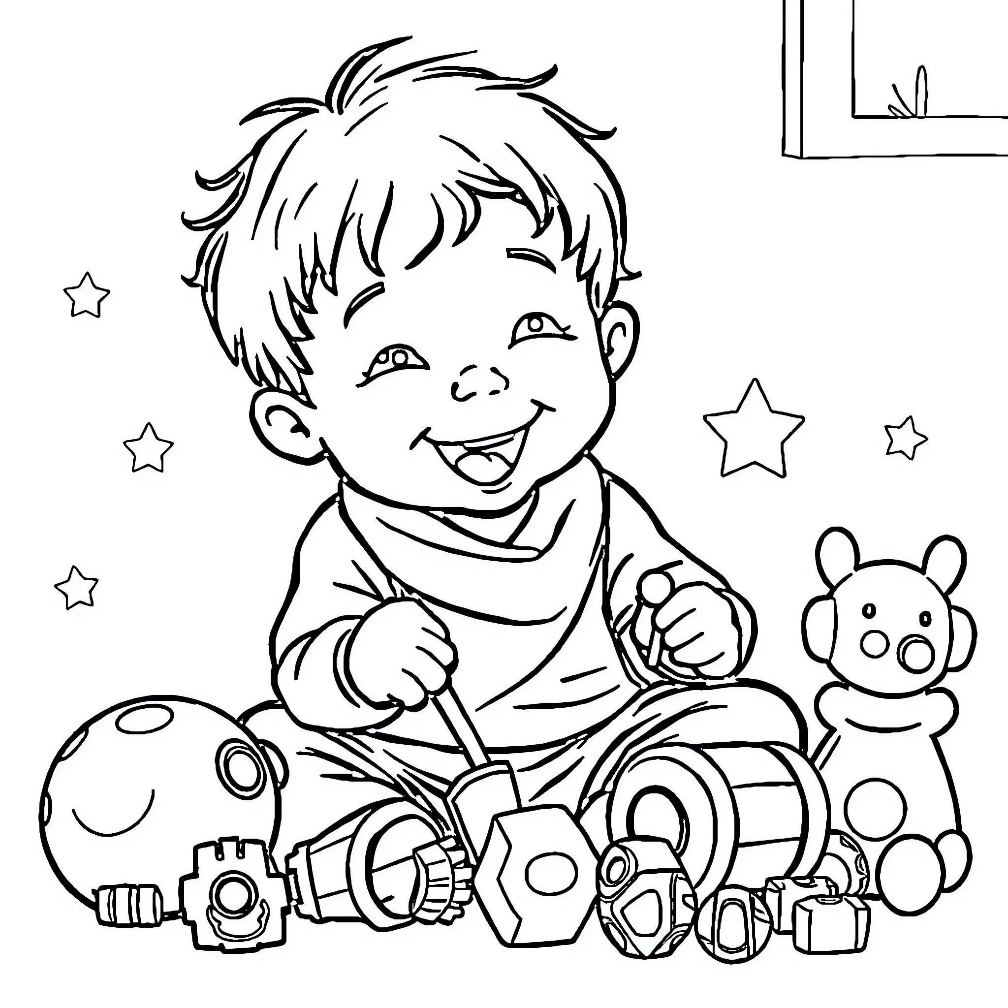 Child playing happily with toys Coloring Page (free black-and-white line drawing printable PDF for all, from beginners to advanced learners, including children, teens, adults, and seniors)