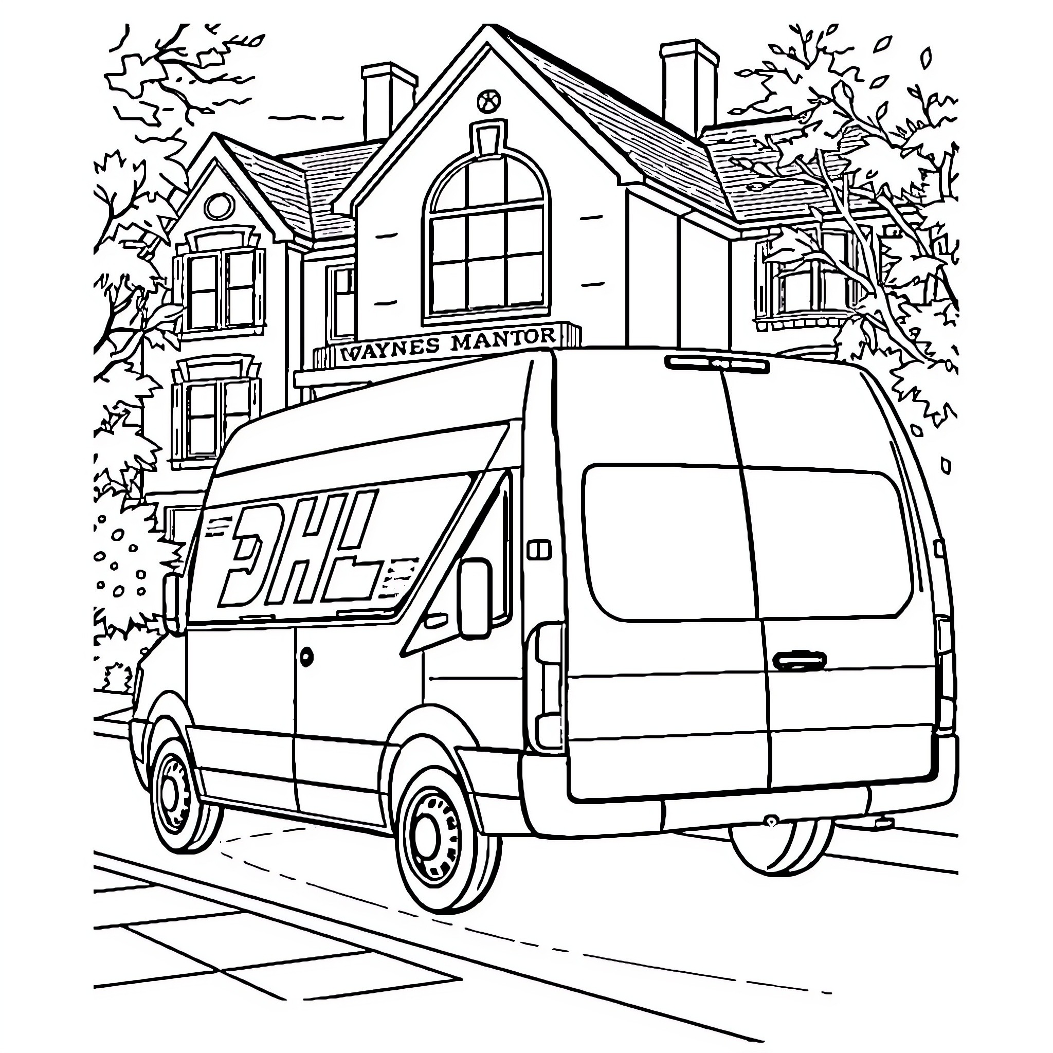 Van delivering packages to historic mansion Coloring Page (free black-and-white line drawing printable PDF for all, from beginners to advanced learners, including children, teens, adults, and seniors)